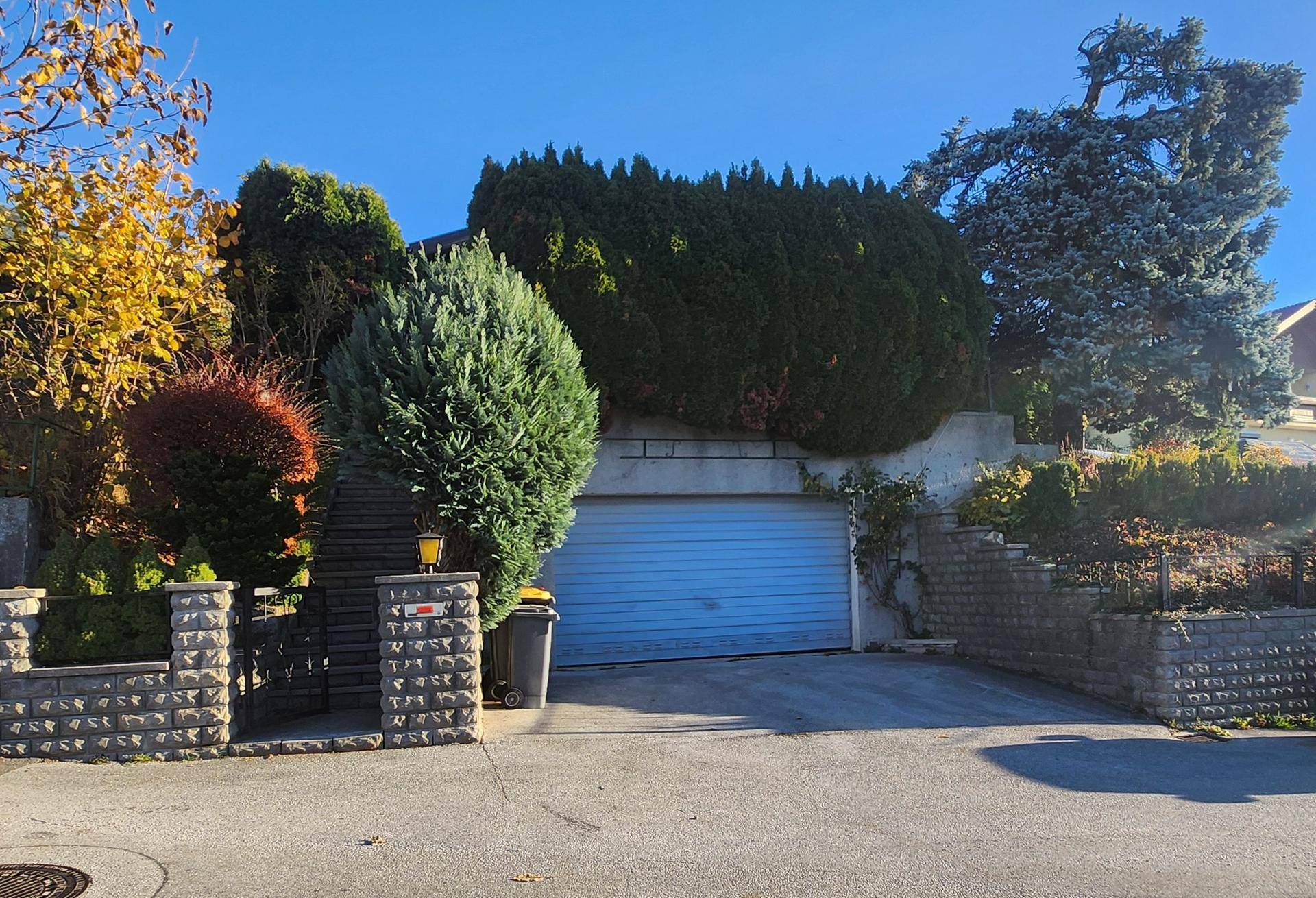 Einfamilienhaus mit integrierter Garage und gepflegter Bepflanzung an einer ruhigen Straße.