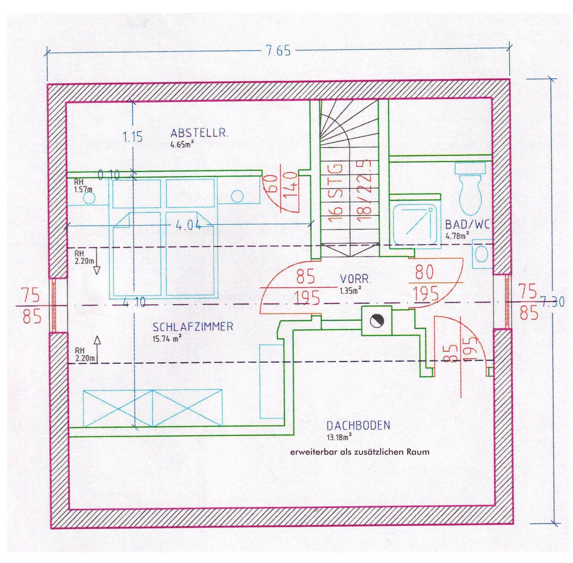Grundriss des Dachgeschosses mit Schlafzimmer, Abstellraum, Bad und charakteristischen Dachschrägen.