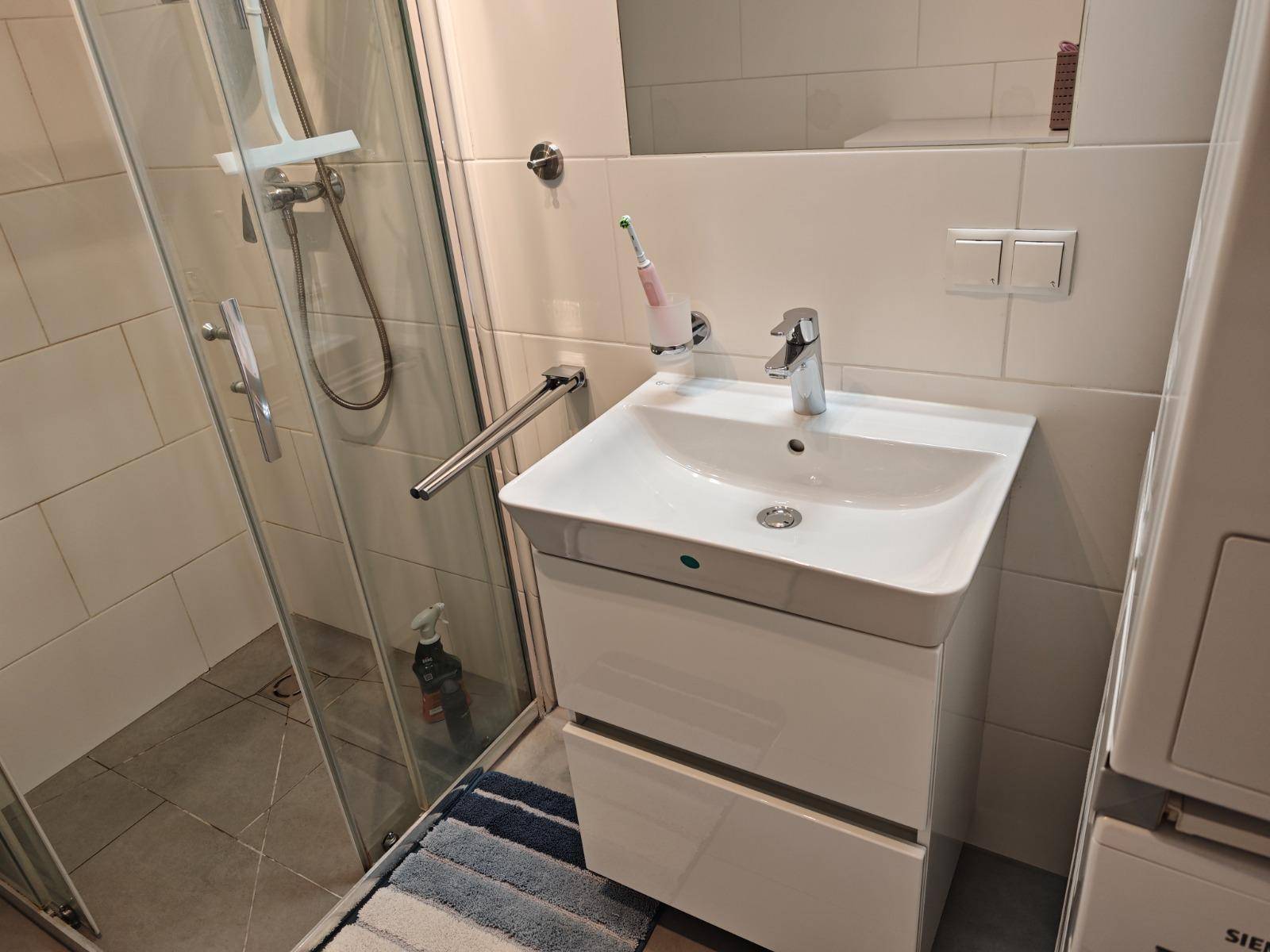 Badezimmer mit modernem Waschbecken, Spiegel und Duschkabine im Hintergrund.