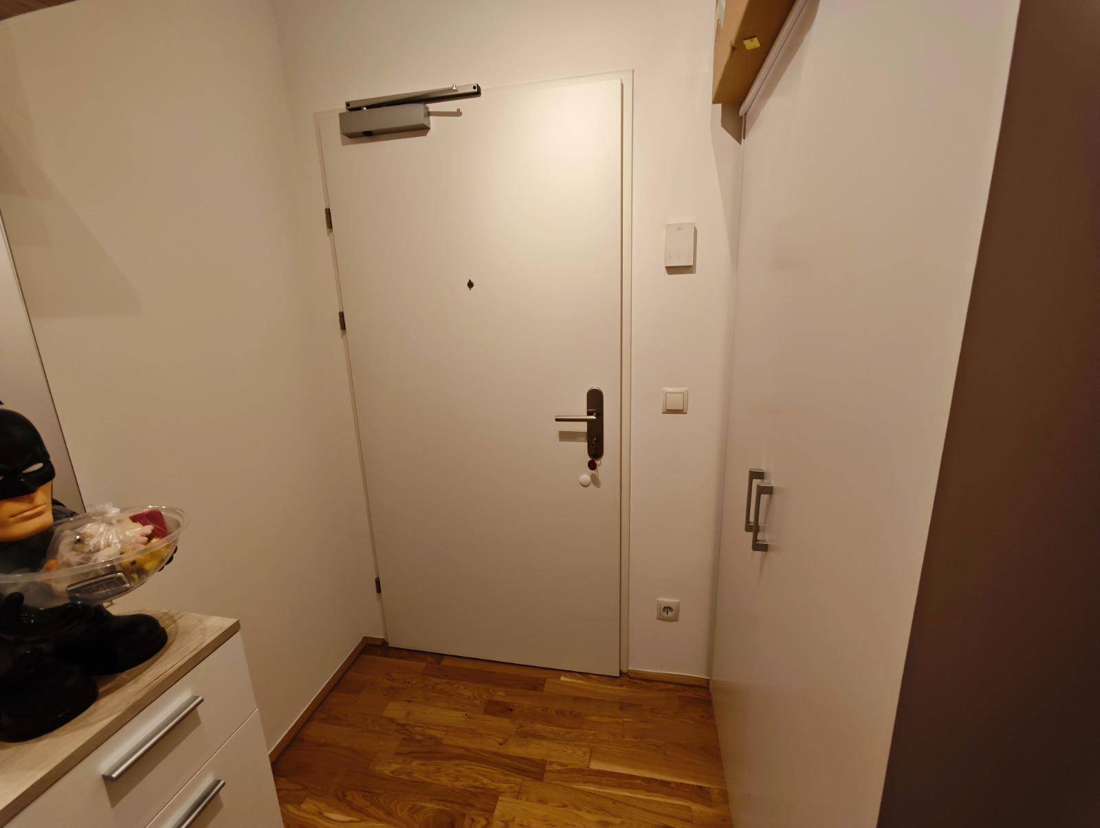 Eingangsbereich mit Holzboden und weißer Tür, die in die Wohnung führt.