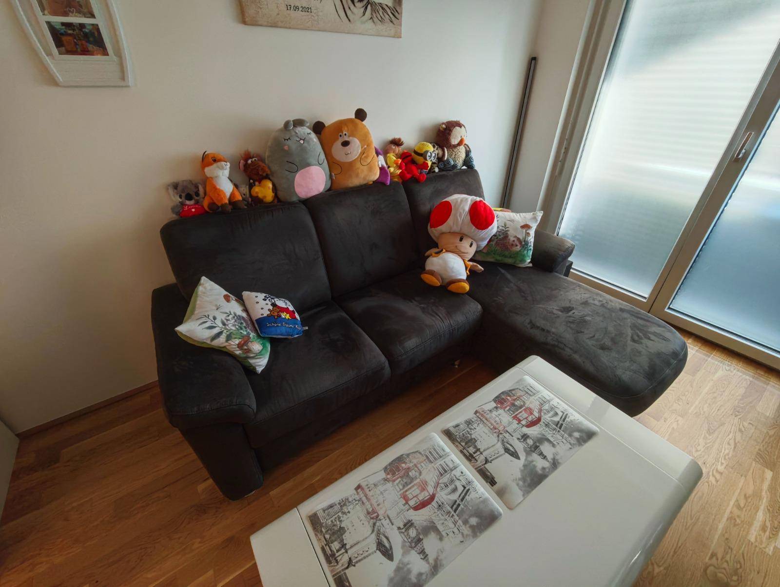 Gemütliches Wohnzimmer mit Ecksofa, Couchtisch und Zugang zum Außenbereich.
