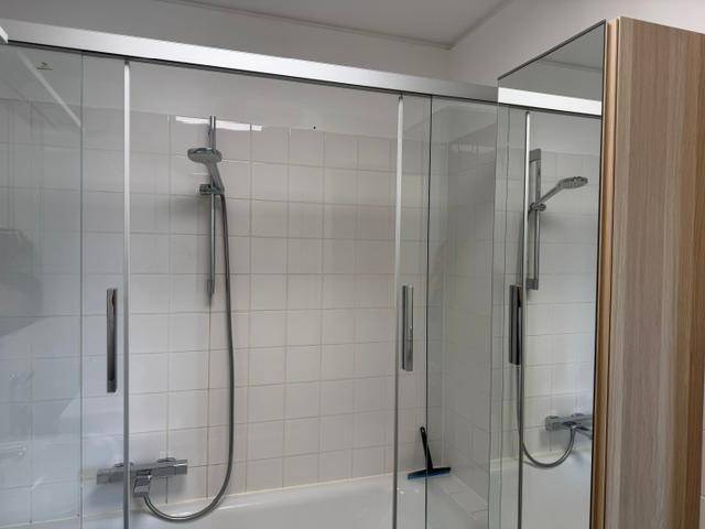 Badewanne mit integrierter Dusche und moderner Glasabtrennung für Spritzschutz.