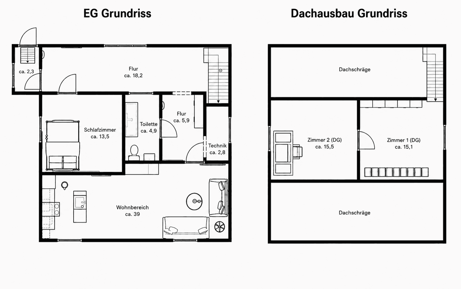Grundriss des Erdgeschosses und Dachausbaus mit Raumaufteilung und Dachschräge.