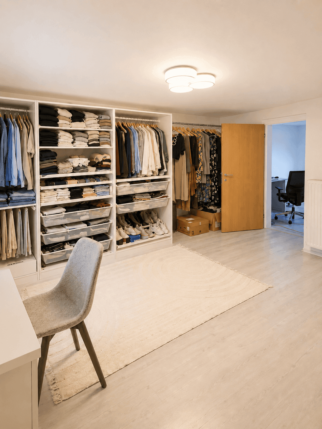 Geräumiger begehbarer Kleiderschrank mit viel Stauraum und integriertem Schreibtisch.