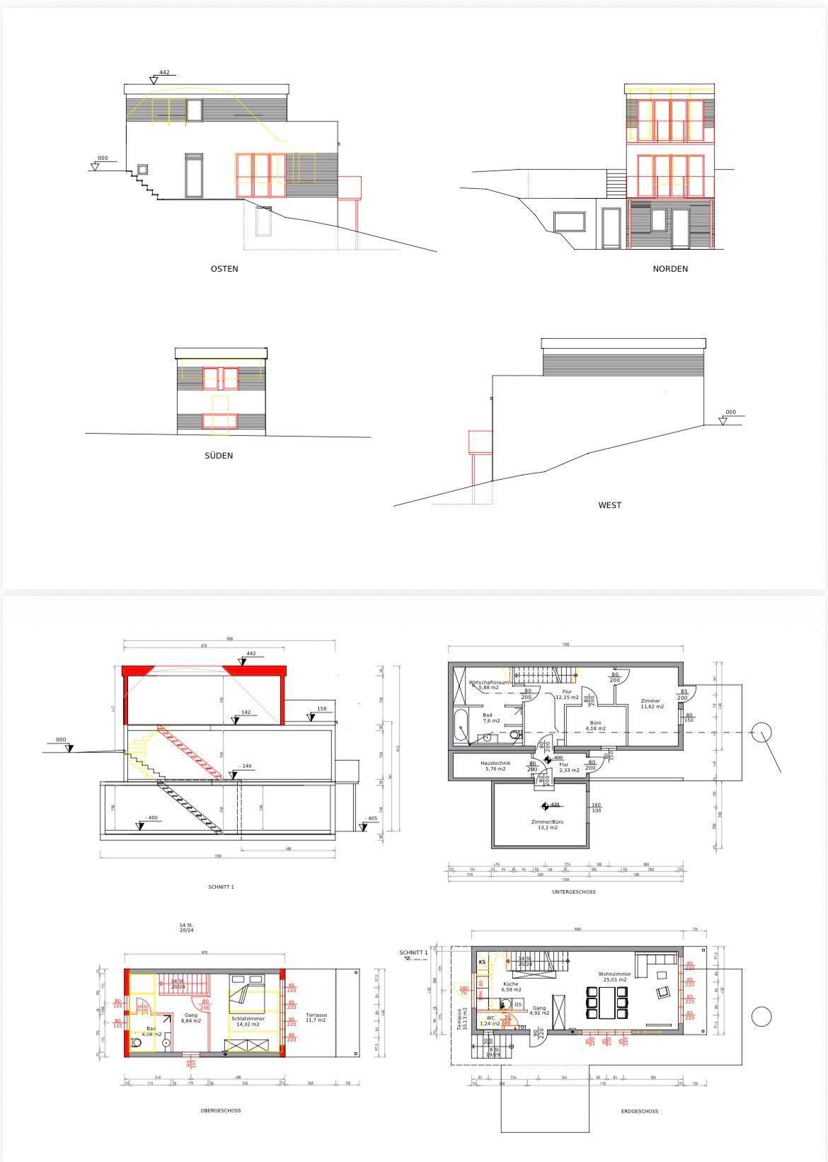 Architektonische Zeichnungen mit verschiedenen Ansichten und Grundrissen des Gebäudes.