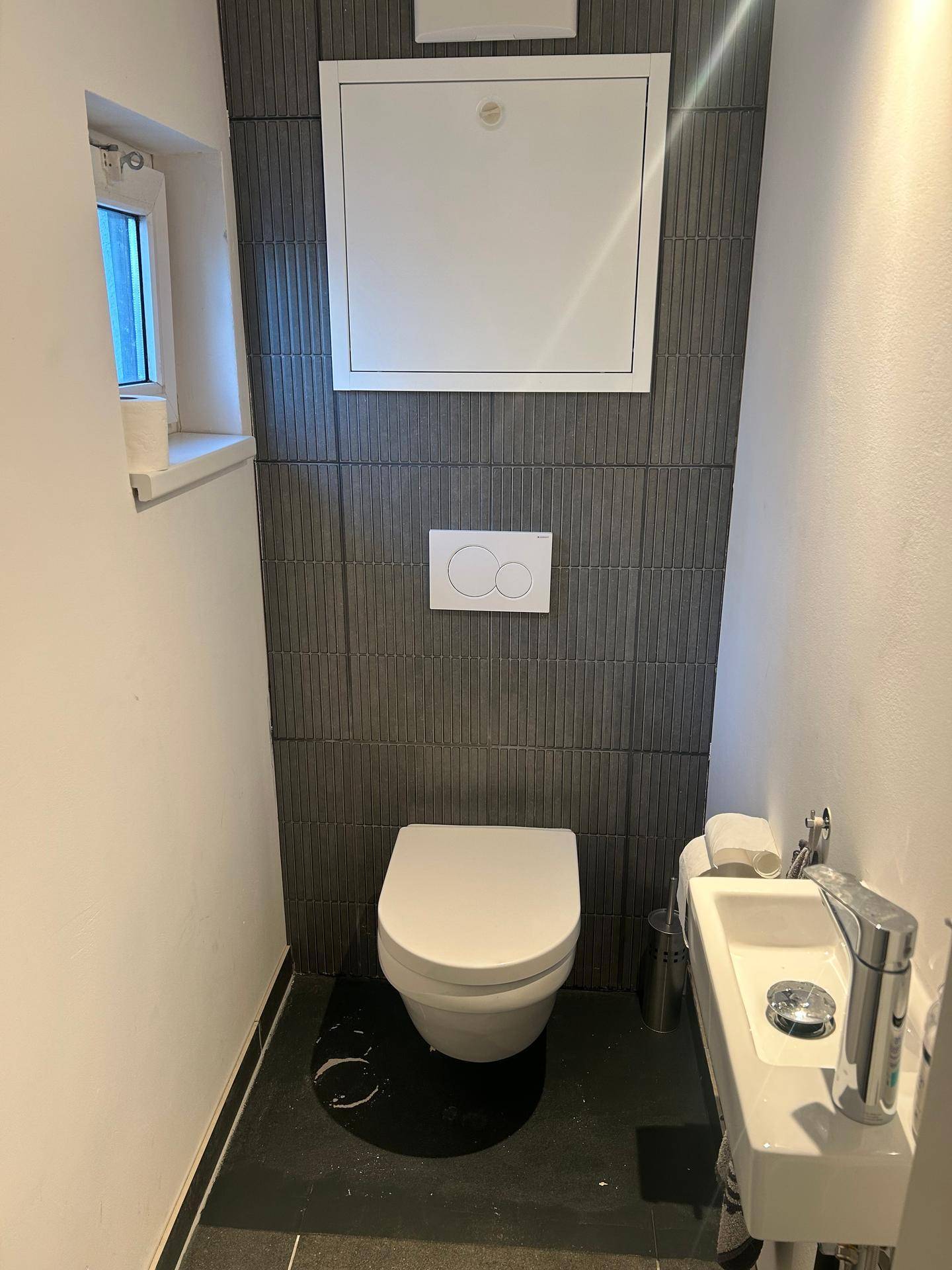 Kleines Gäste-WC mit wandhängendem WC, kleinem Waschbecken und Akzentwand.