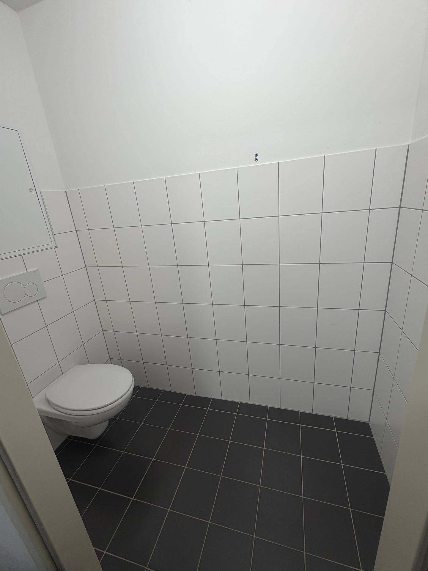Separates WC mit weißen Wandfliesen und dunklem Boden, ausgestattet mit einer Toilette.