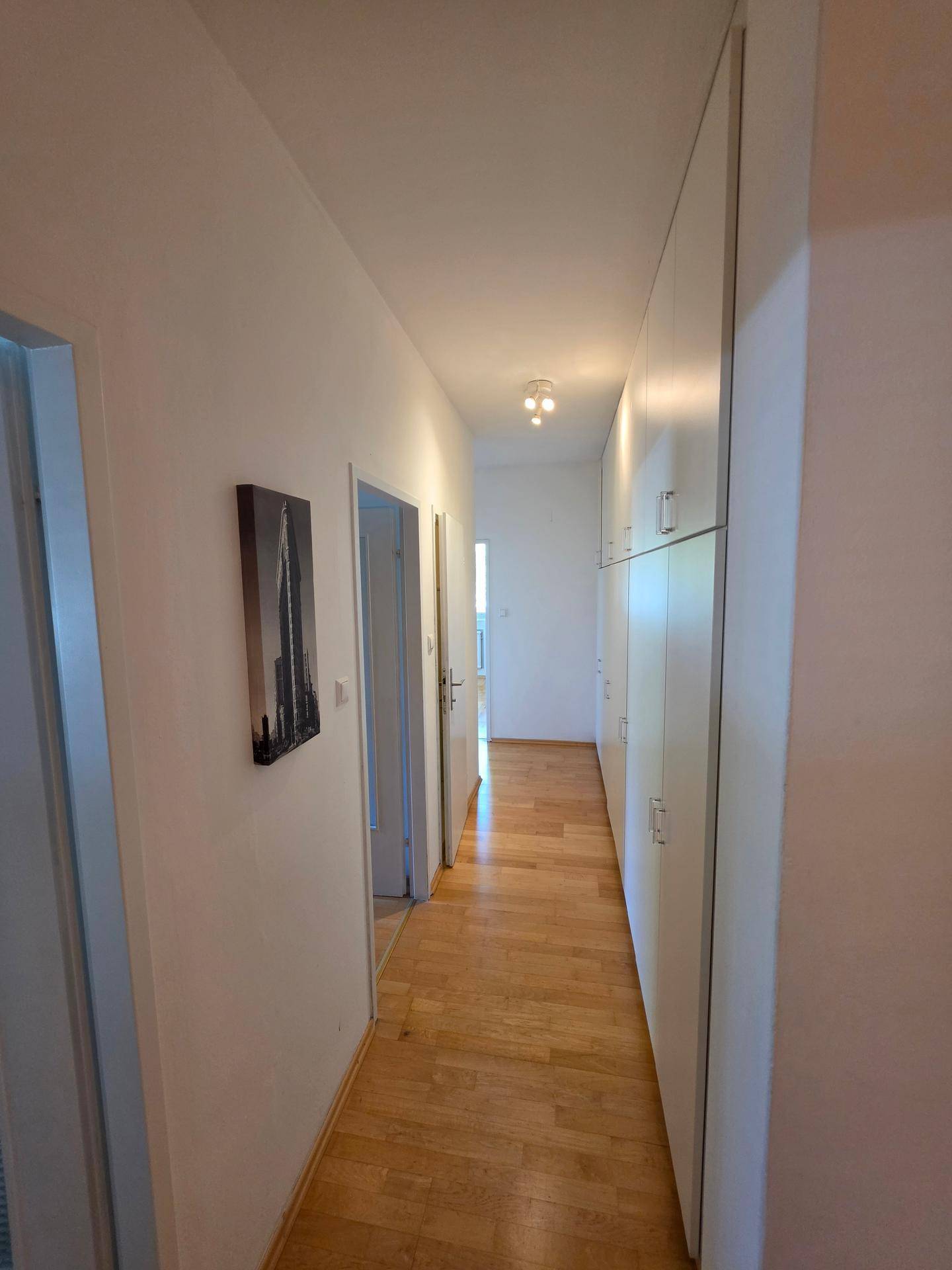 Langer Flur mit Einbauschränken und hellem Holzfußboden.