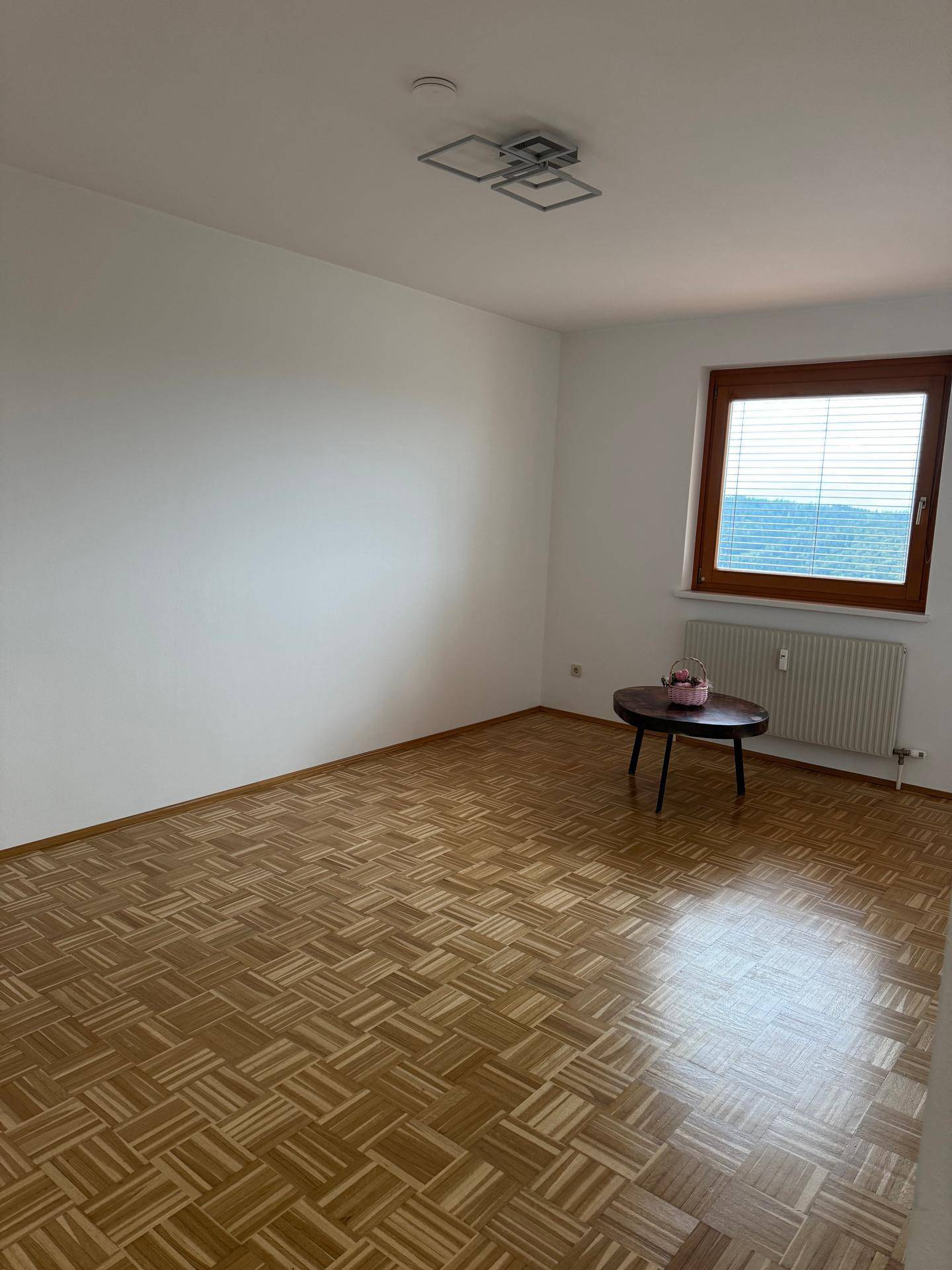 Helles Zimmer mit Parkettboden, weiß gestrichenen Wänden und einem Fenster mit schöner Aussicht.