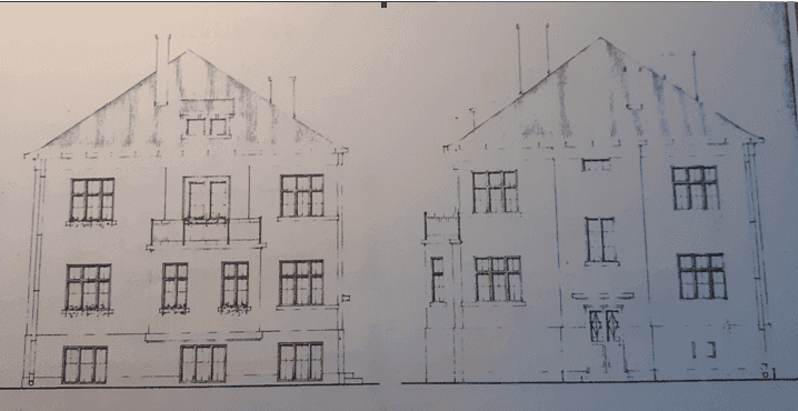 Architektonische Zeichnung der Gebäudefassaden mit Fenstern und Balkonen.