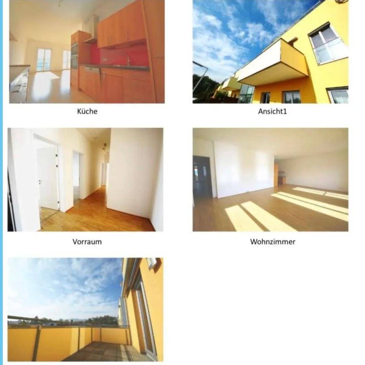 Kombination aus Innenansichten der Küche, des Wohnzimmers und des Flurs sowie Außenansichten des Gebäudes und des Balkons.