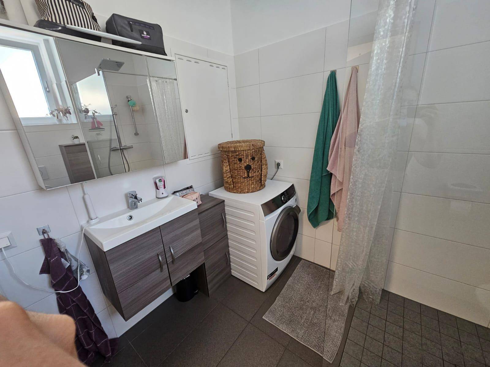 Modernes Badezimmer mit Waschbecken, Spiegelschrank und integrierter Waschmaschine.