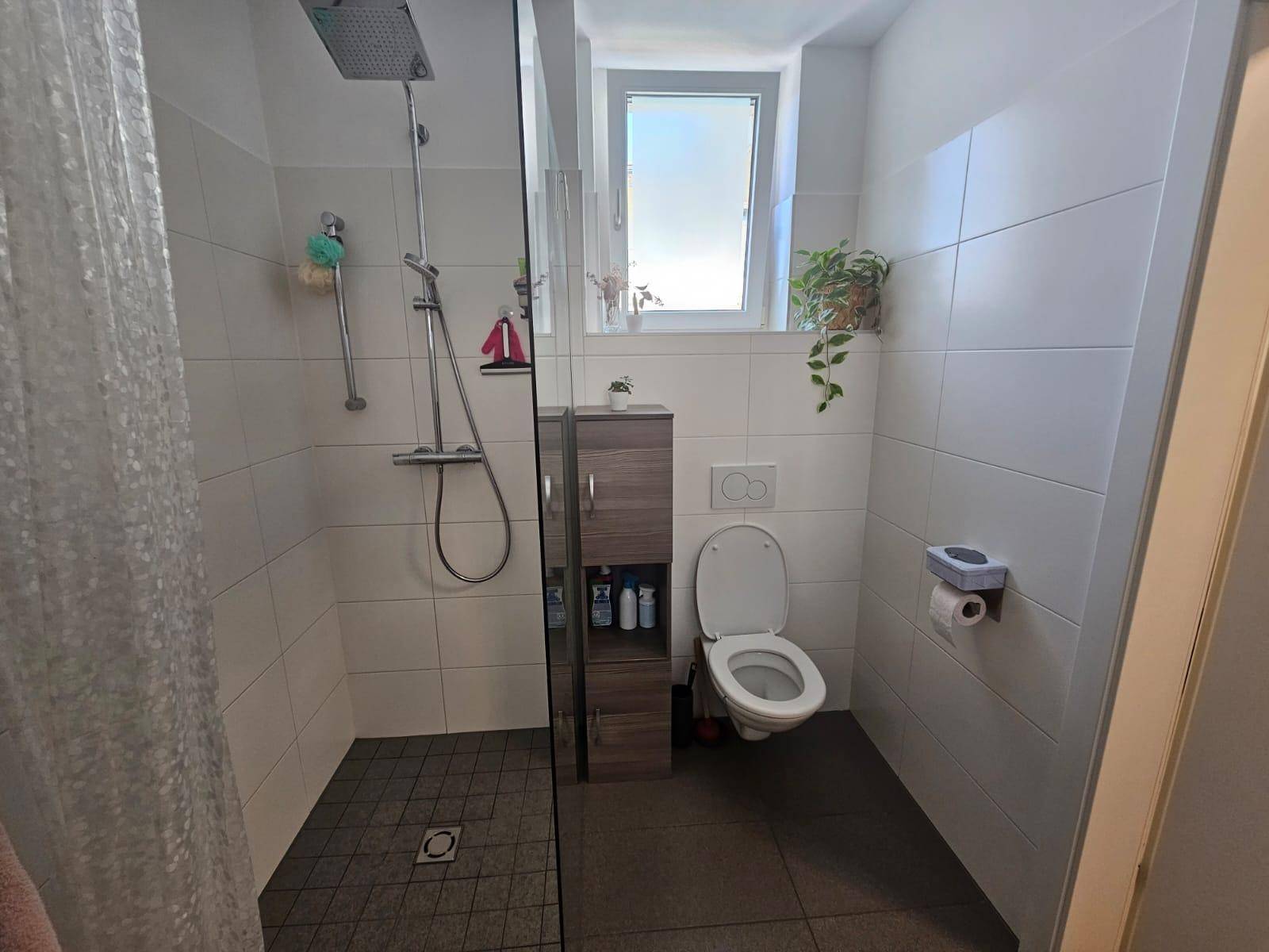 Helles Badezimmer mit ebenerdiger Dusche, WC und Fenster für angenehmes Tageslicht.