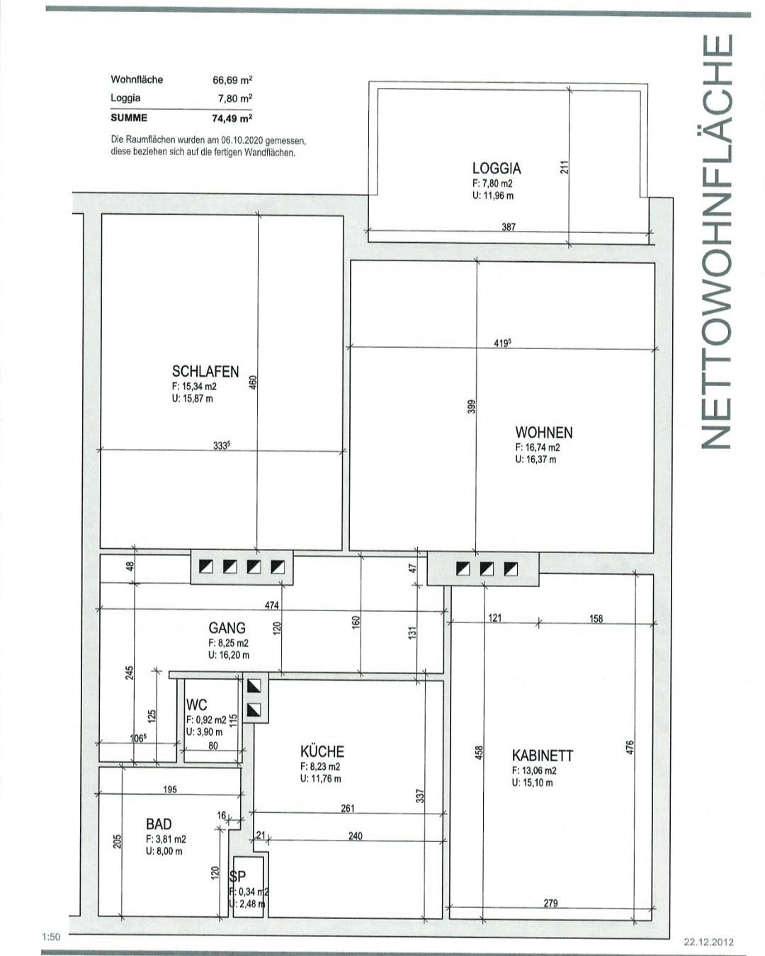 Grundriss einer Wohnung mit Wohn-, Schlafzimmer, Küche, Bad und Loggia.