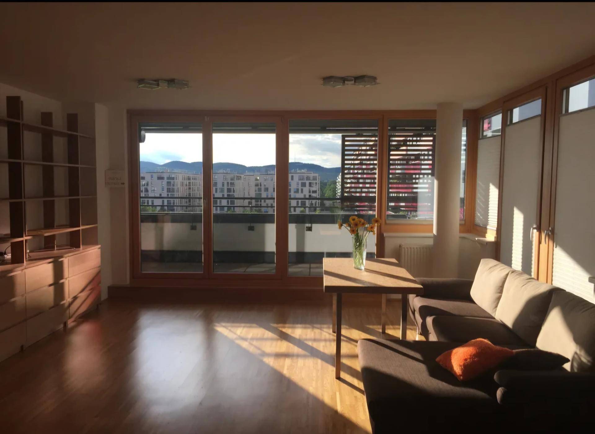 Sonniges Wohnzimmer mit Holzboden, bequemer Couch und Blick auf die Umgebung.