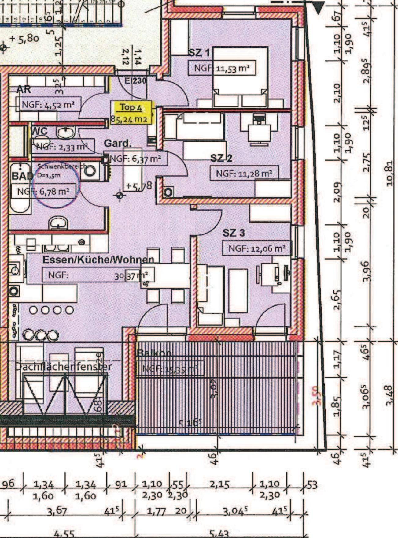 Grundriss einer Wohnung mit drei Schlafzimmern, offenem Wohn-Essbereich, separatem WC und Balkon.