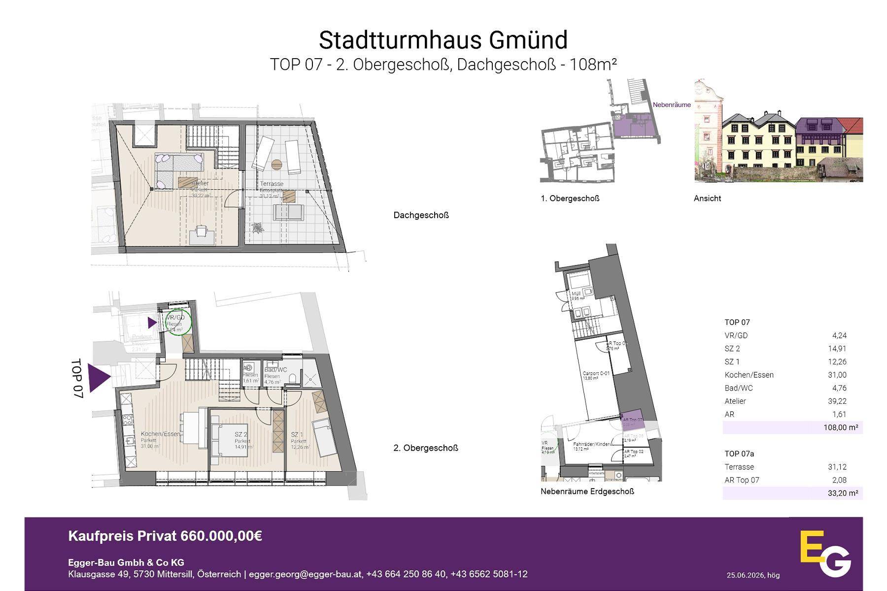 Grundriss des Stadtturmhauses Gmünd, Top 07, zeigt Ober- und Dachgeschoss mit 108m² Wohnfläche.