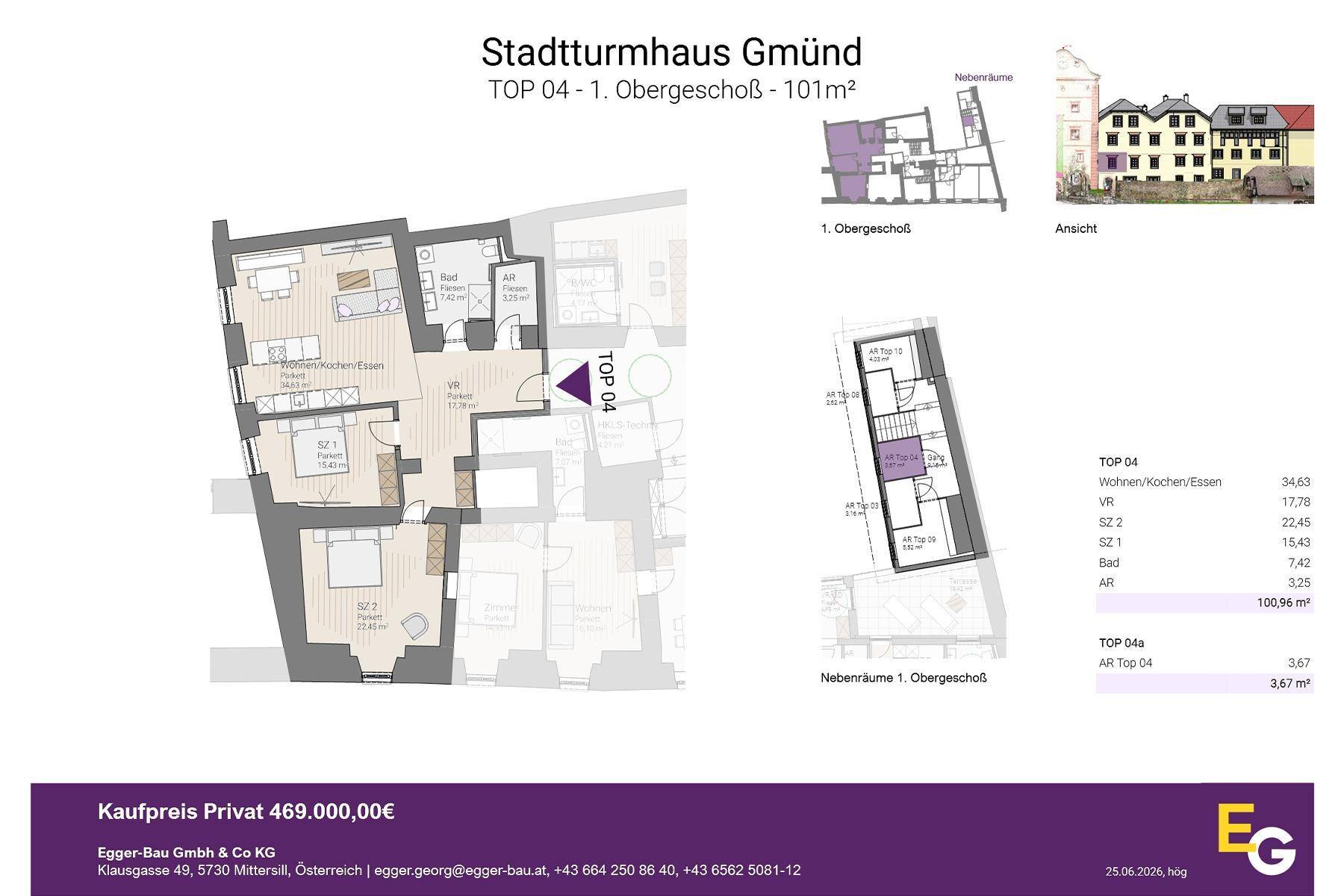 Grundriss der Wohnung TOP 04 im Obergeschoss mit 101m² Wohnfläche.