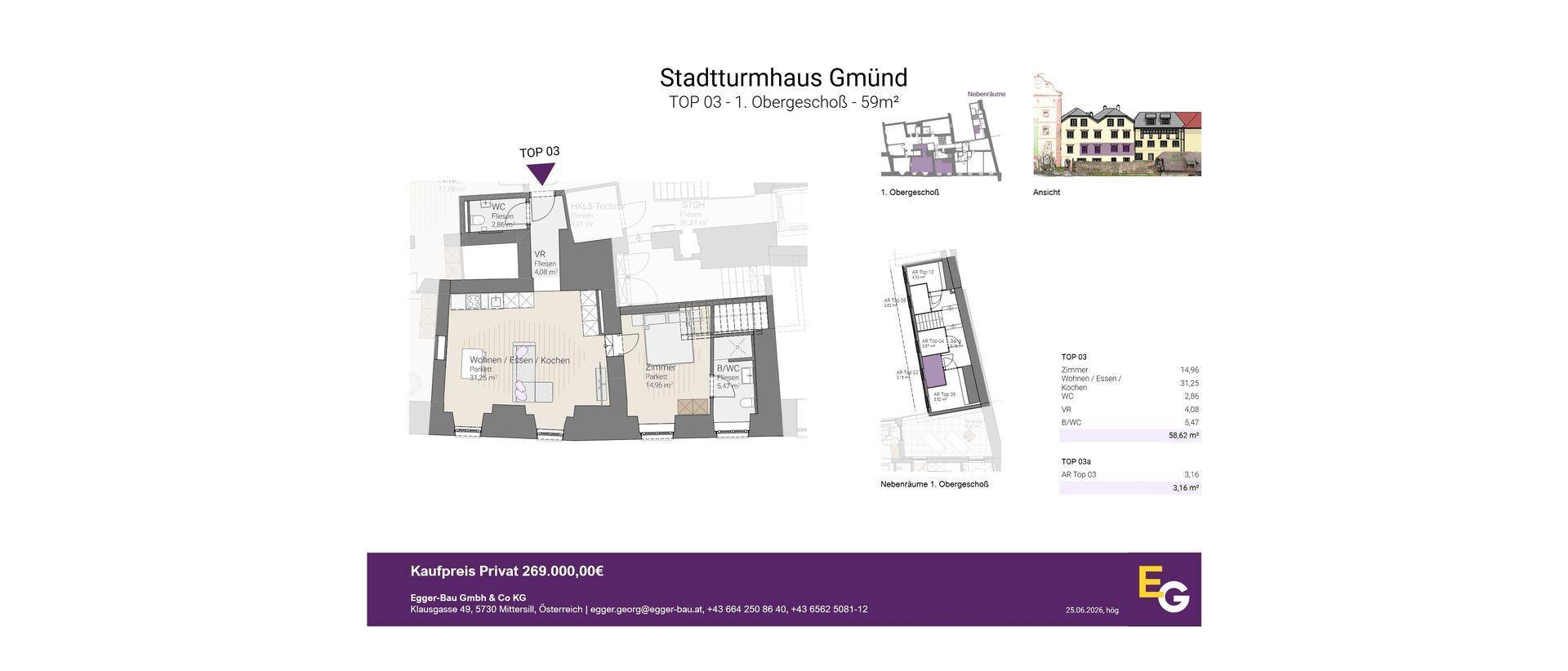 Detaillierter Grundriss des Stadtturmhauses Gmünd, Top 03, mit 59m² Wohnfläche.