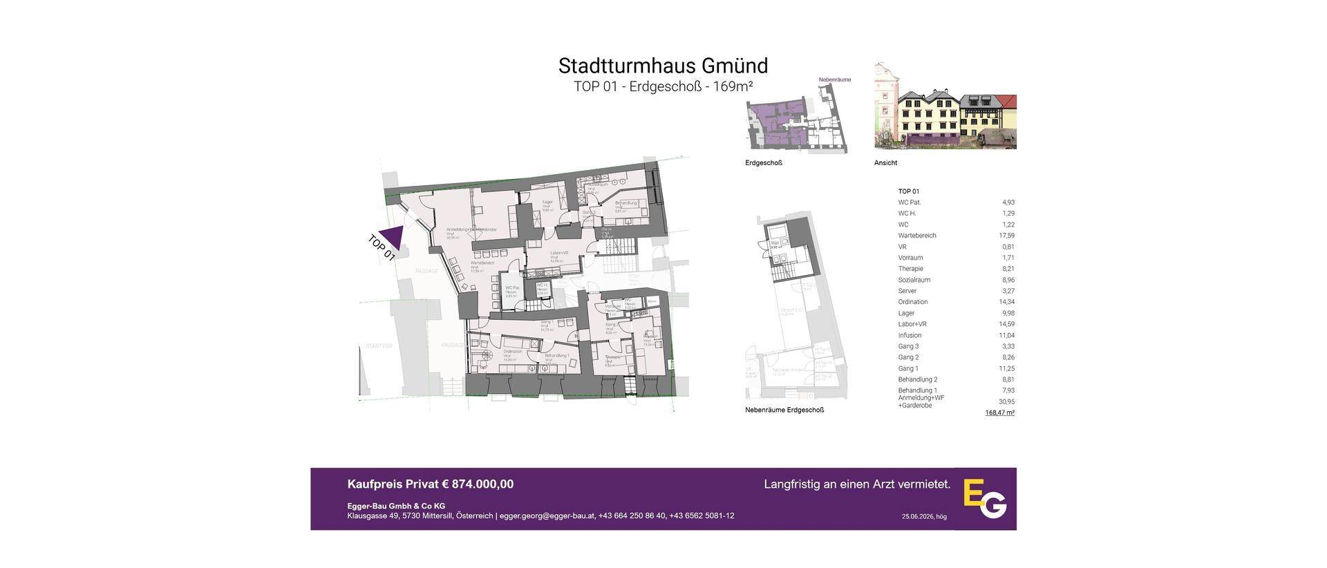 Grundriss des Stadtturmhauses Gmünd, TOP 01, mit mehreren Räumen und Balkon.