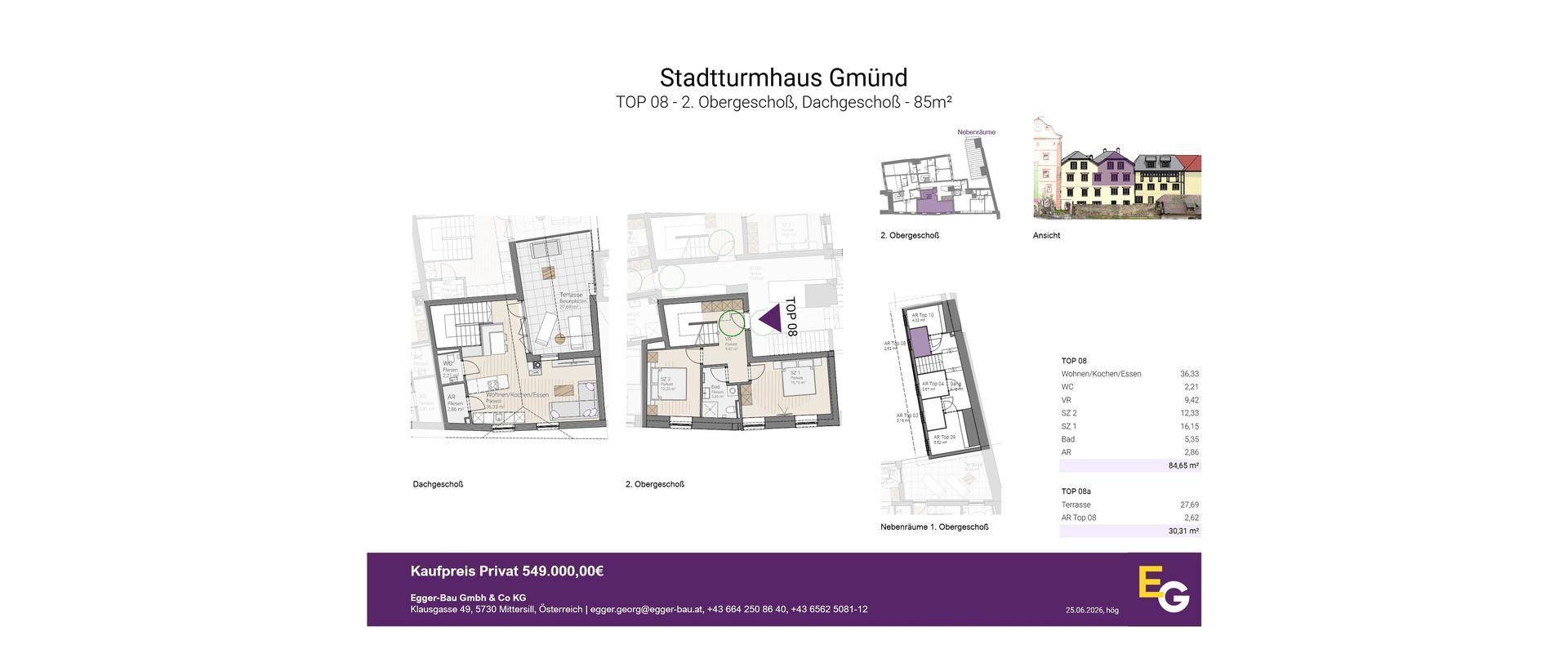 Grundrisse für ein Stadtturmhaus mit mehreren Ebenen, inklusive Dachgeschoss und Balkon, sowie einer Außenansicht.