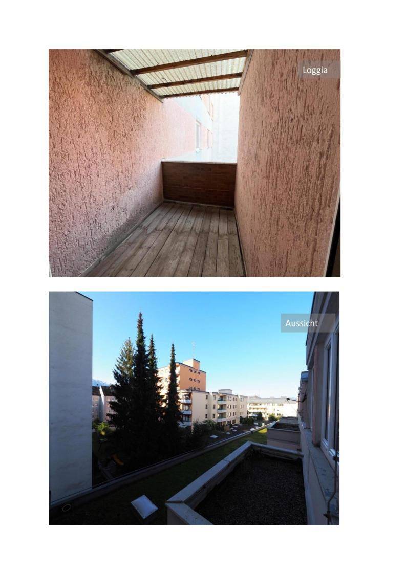 Geschützte Loggia mit Holzfußboden und eine Aussicht auf die umliegenden Gebäude und Grünflächen.