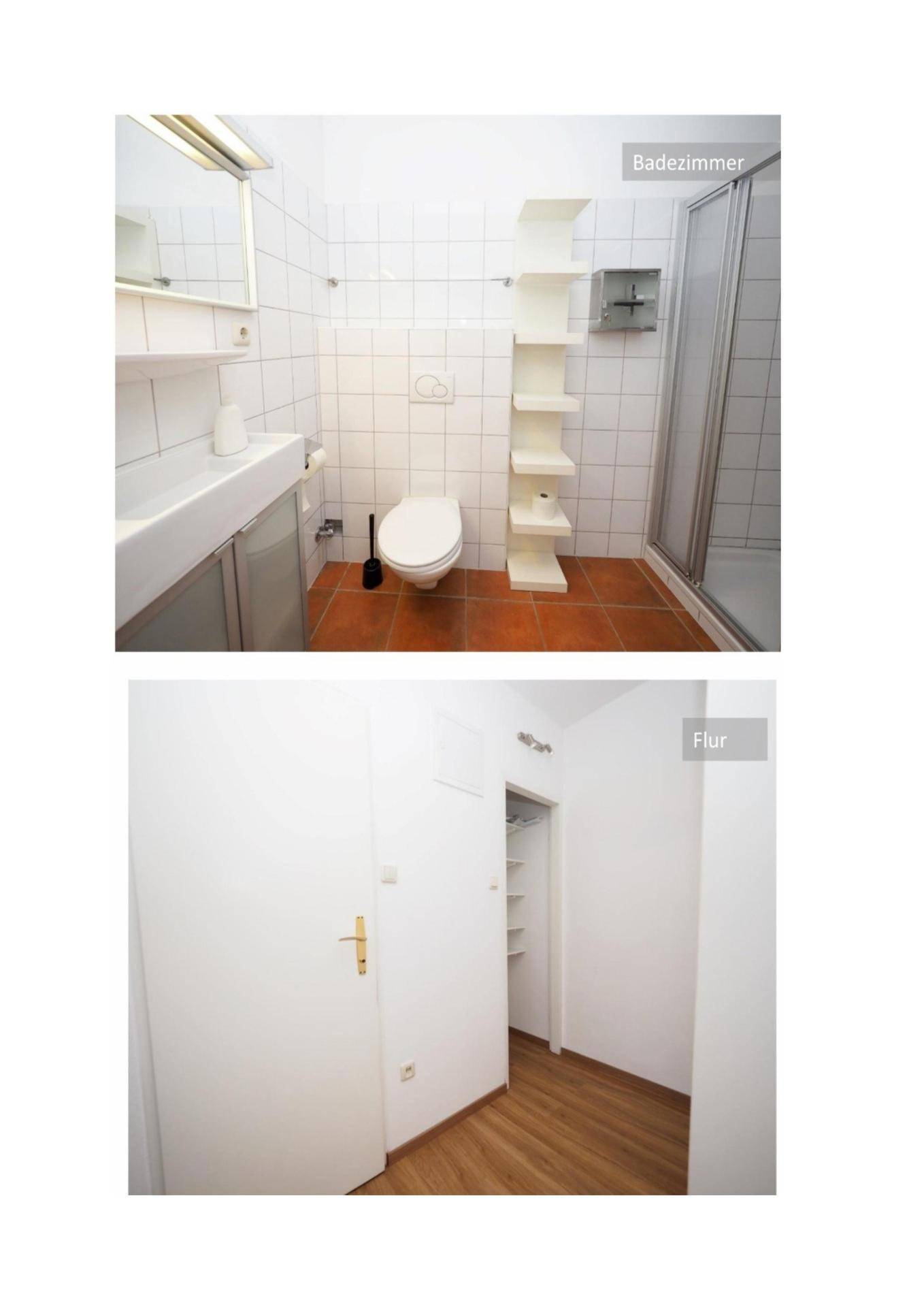 Funktionales Badezimmer mit Dusche und WC sowie ein schlichter Flurbereich mit Laminatboden.