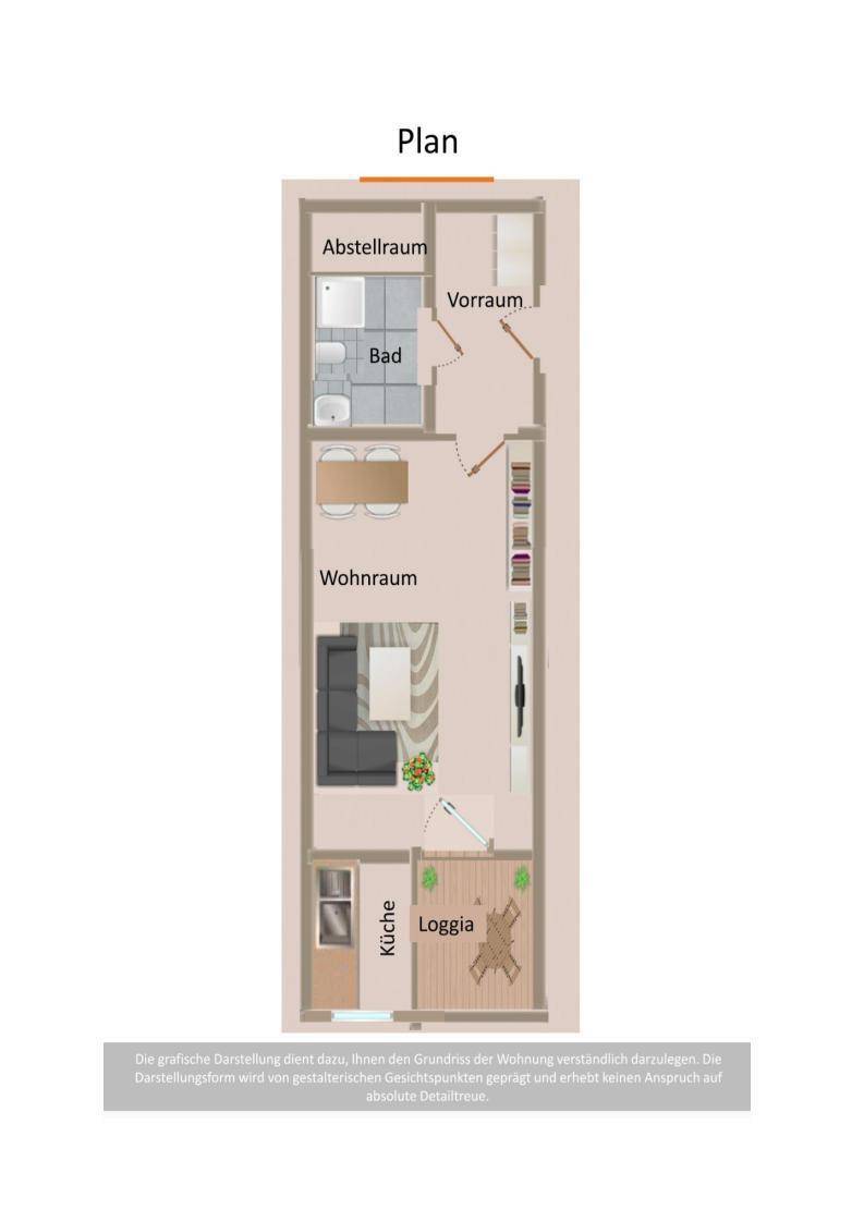 Grundrissplan einer Wohnung mit Wohnraum, Küche, Bad, Abstellraum und Loggia.