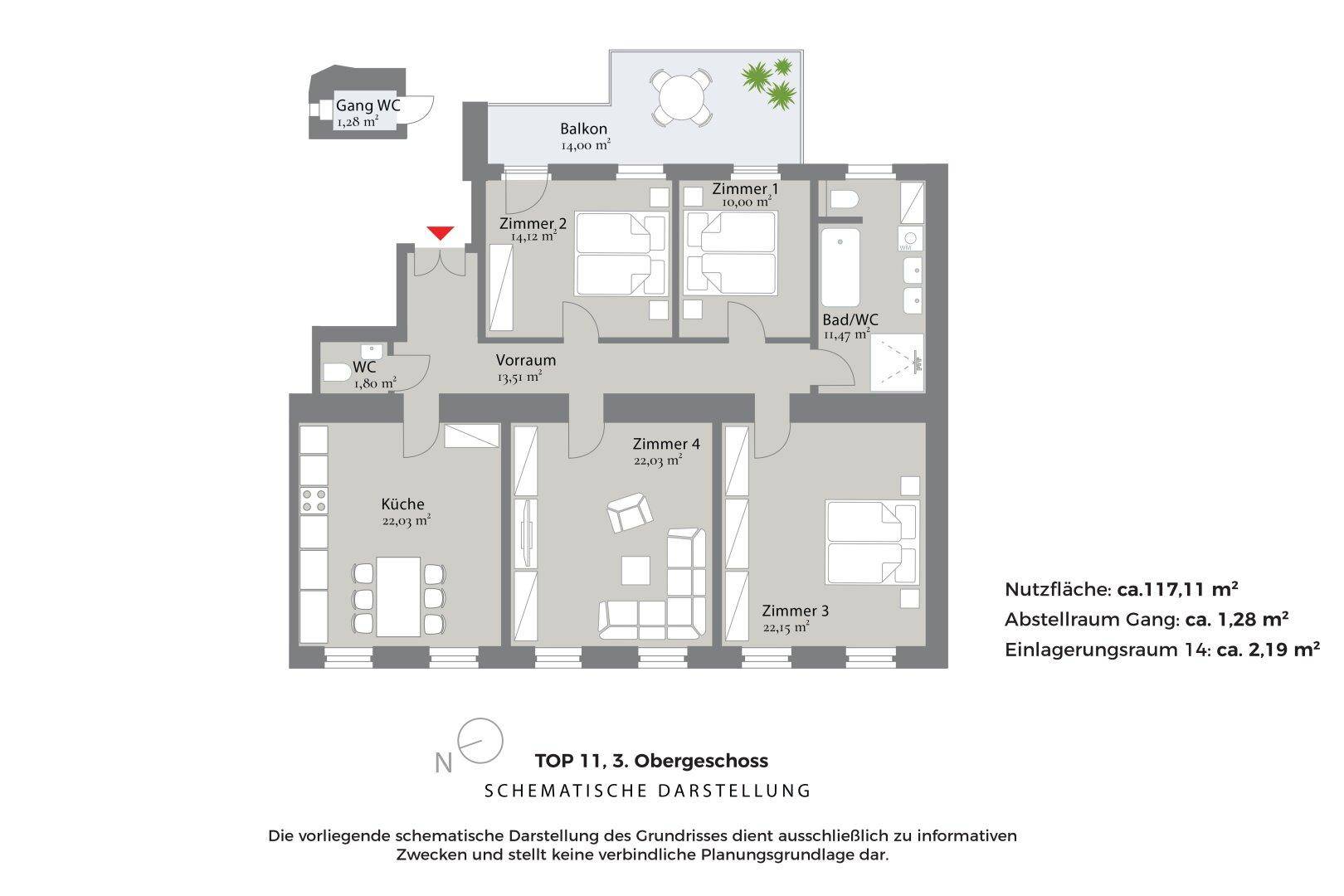 Schematische Darstellung des Grundrisses mit vier Zimmern und Balkon.