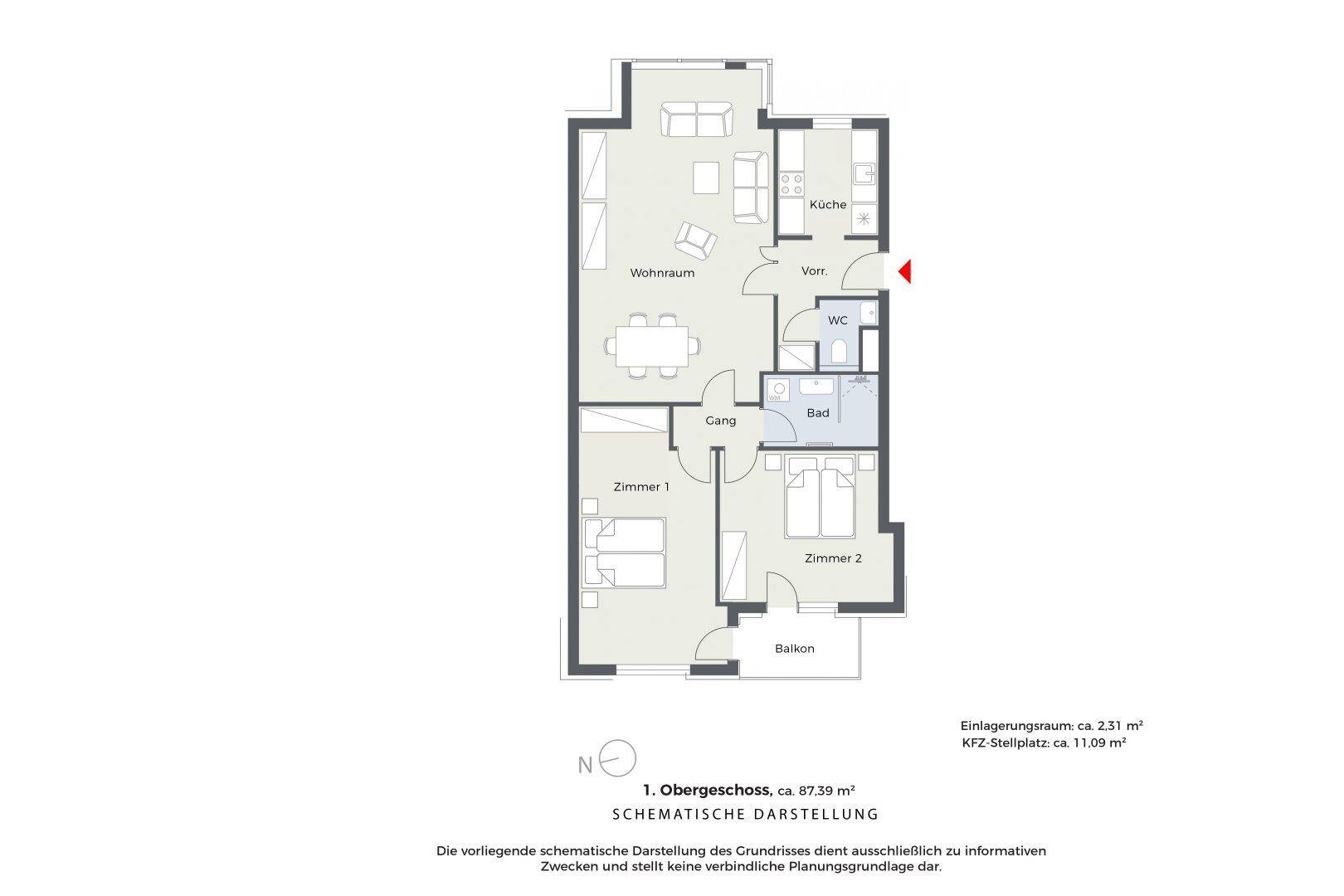 Grundriss der Wohnung mit zwei Schlafzimmern, Wohnbereich, Küche und Balkon.
