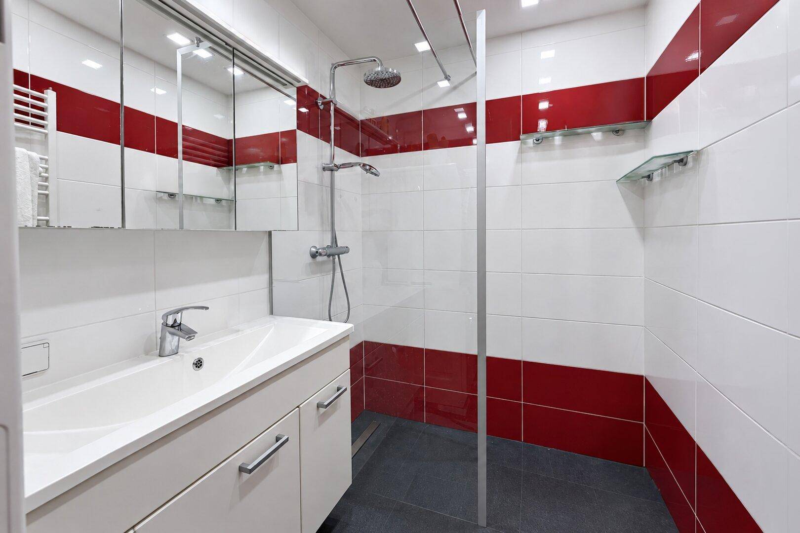 Modernes Badezimmer mit begehbarer Dusche, Einzelwaschbecken und rot-weißen Fliesen.