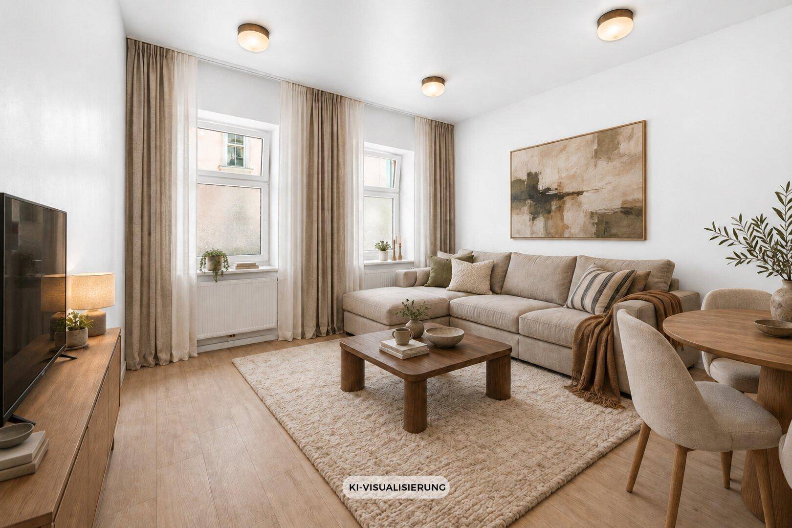 Heller, modern eingerichteter Wohn-Essbereich mit beigem Sofa und Holzboden.