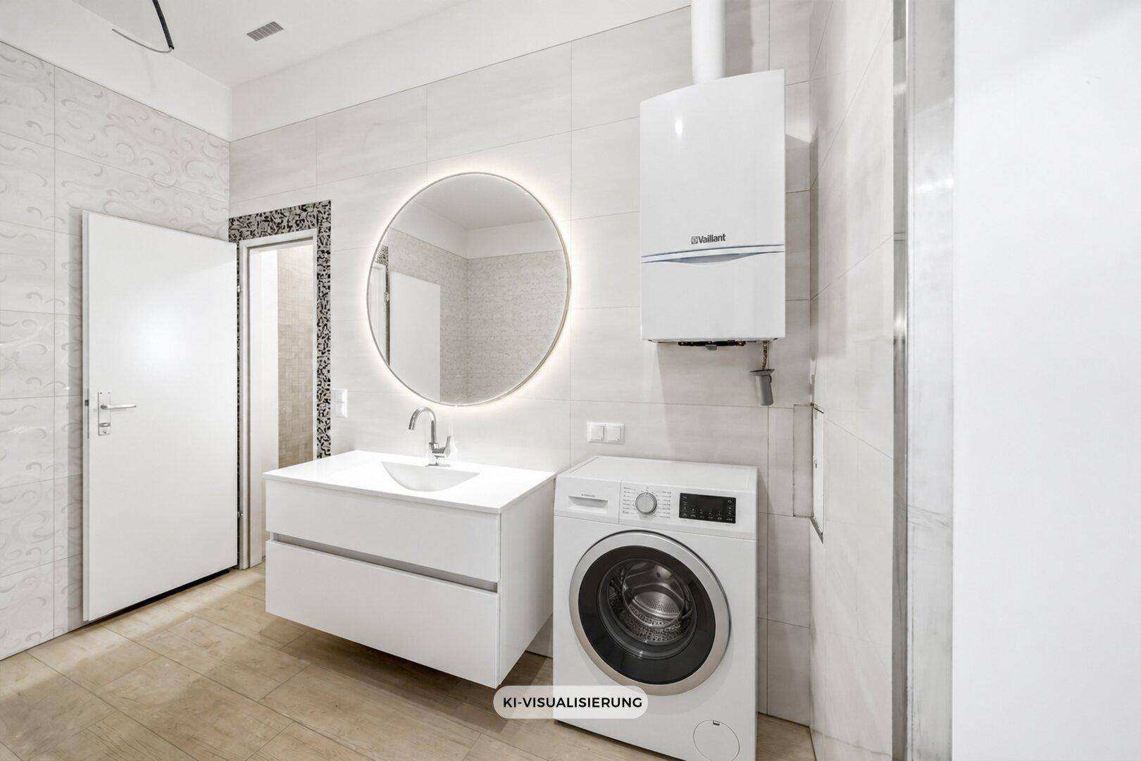 Modernes Badezimmer mit Waschbecken, beleuchtetem Spiegel und Wandheizkessel.