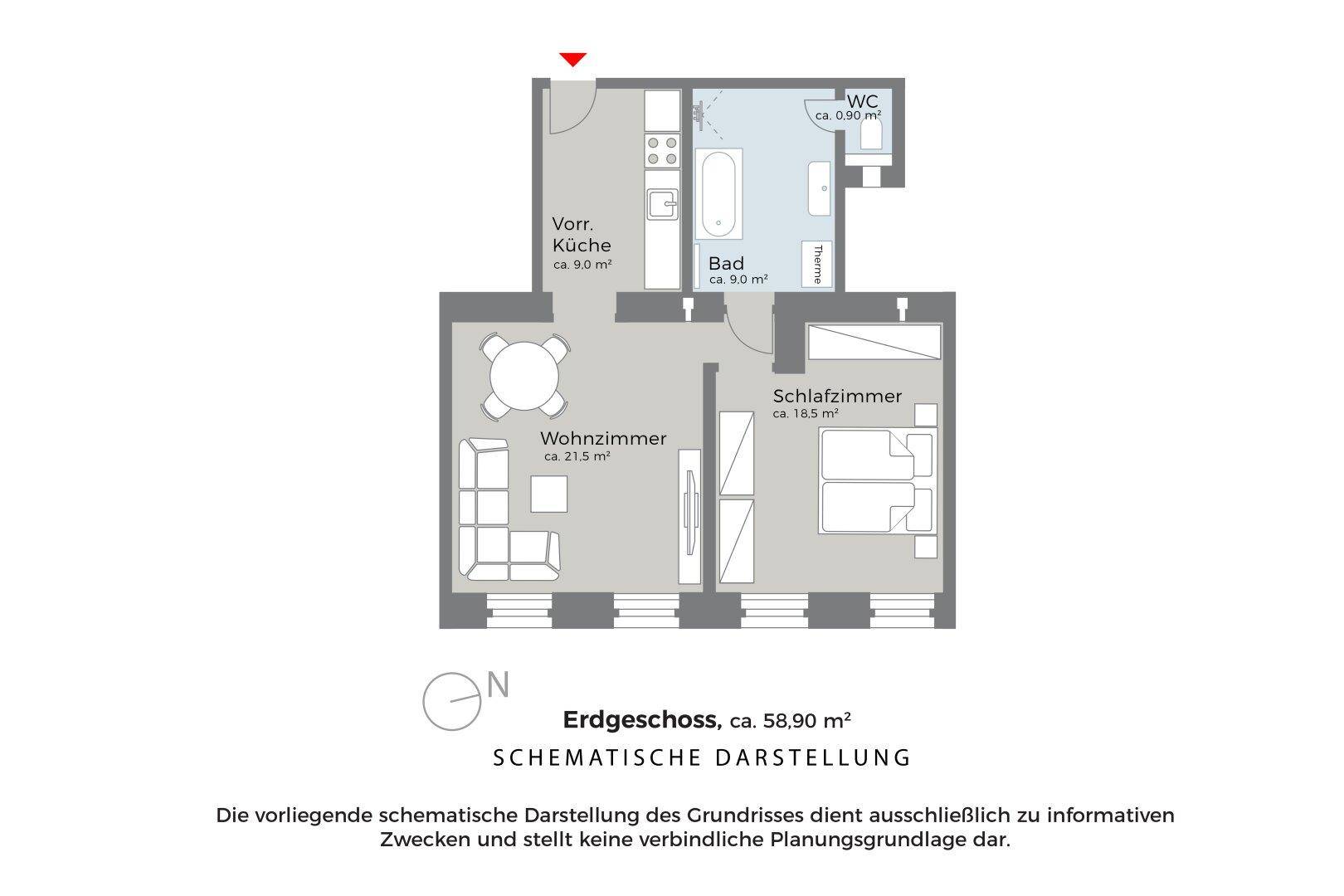 Schematischer Grundriss einer Erdgeschosswohnung mit Wohnzimmer, Schlafzimmer und separatem WC.