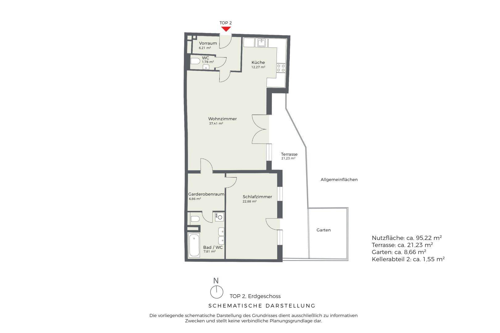 Schematische Darstellung des Erdgeschosses mit Wohnzimmer, Schlafzimmer und Terrasse.
