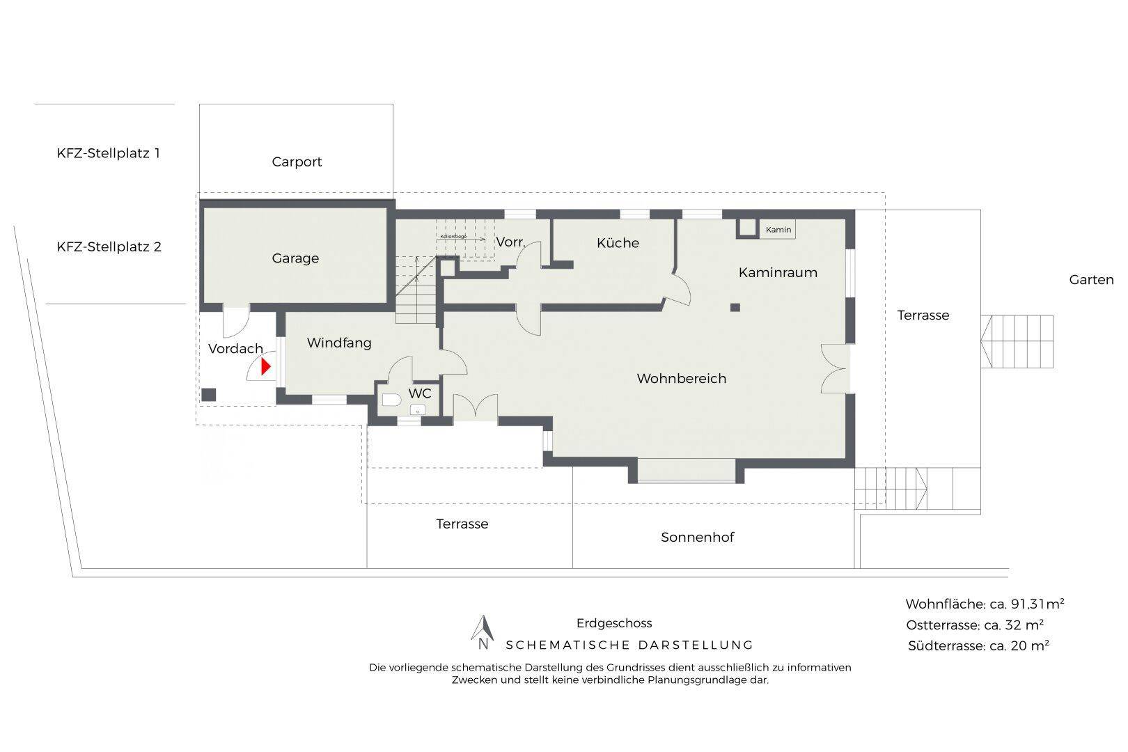 Grundriss des Erdgeschosses mit Wohnbereich, Küche, Kaminraum und Terrassen.