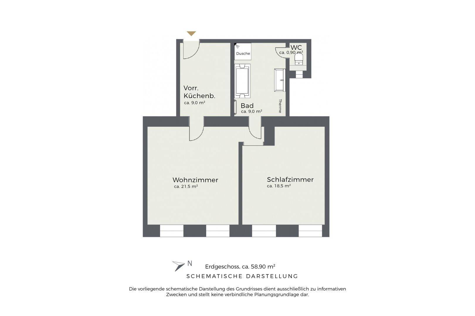 Grundriss des Erdgeschosses mit Wohnzimmer, Schlafzimmer, Küche, Bad und separatem WC.