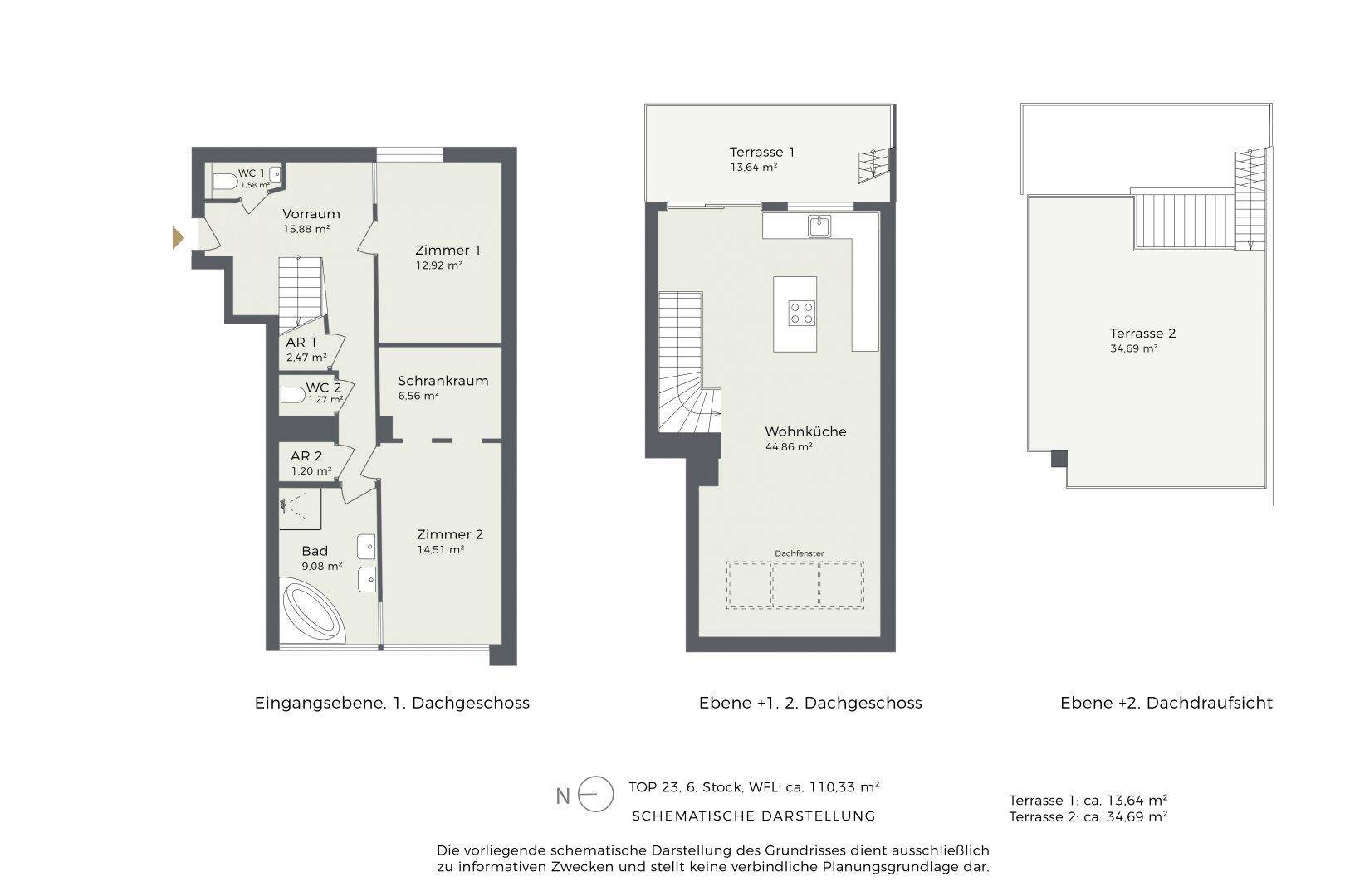 Schematische Darstellung des Grundrisses über drei Ebenen mit Wohnküche und zwei Terrassen.