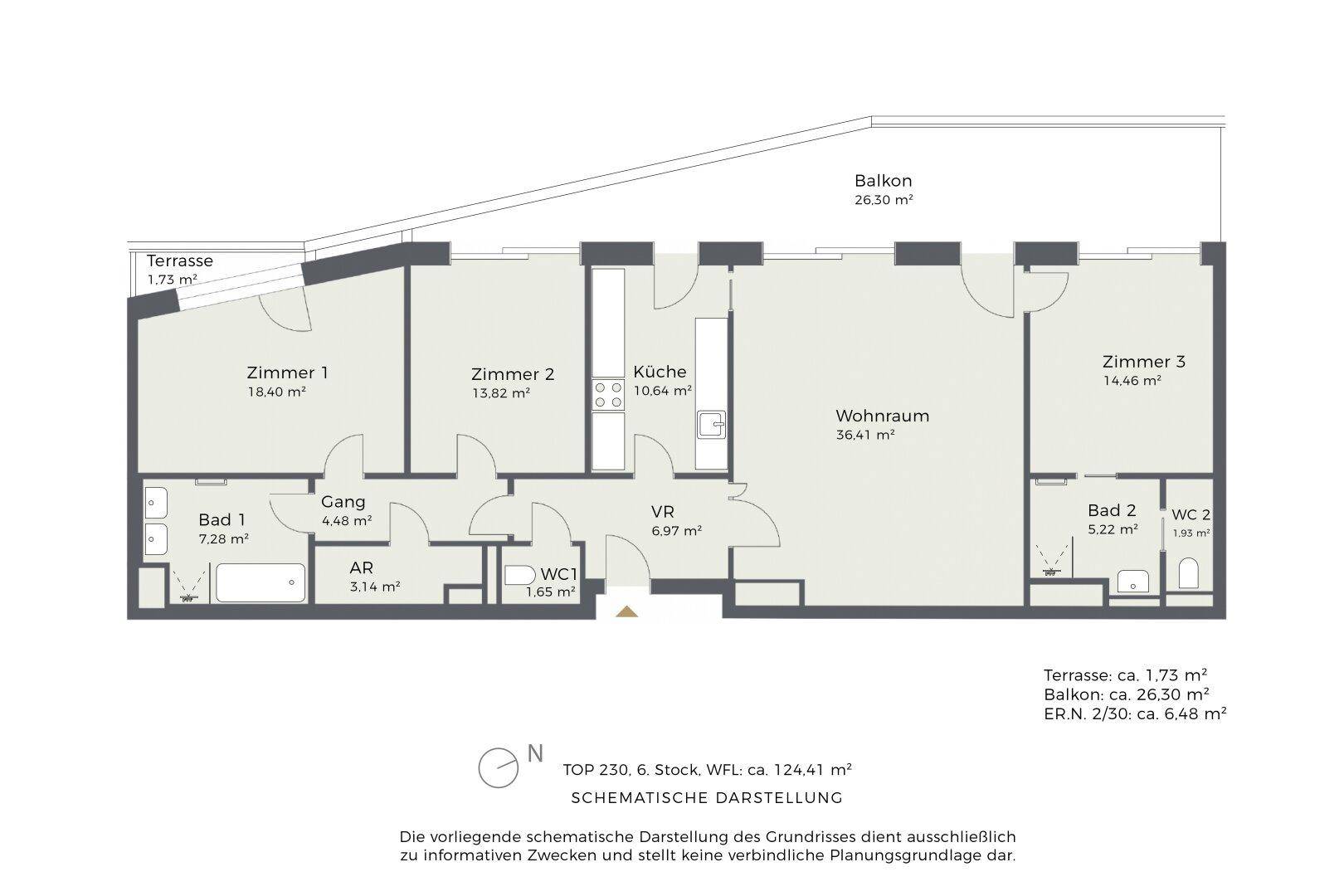 Grundriss einer Wohnung mit drei Zimmern, zwei Bädern und großem Balkon.