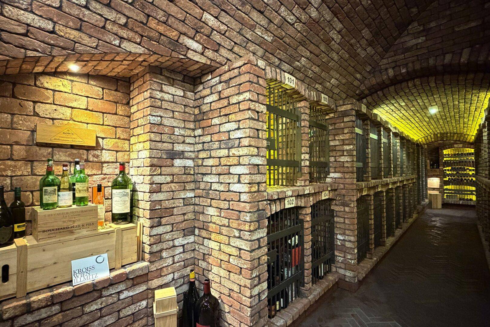 Umfangreicher Weinkeller mit Ziegelarchitektur, beleuchteten Nischen und Weinregalen.
