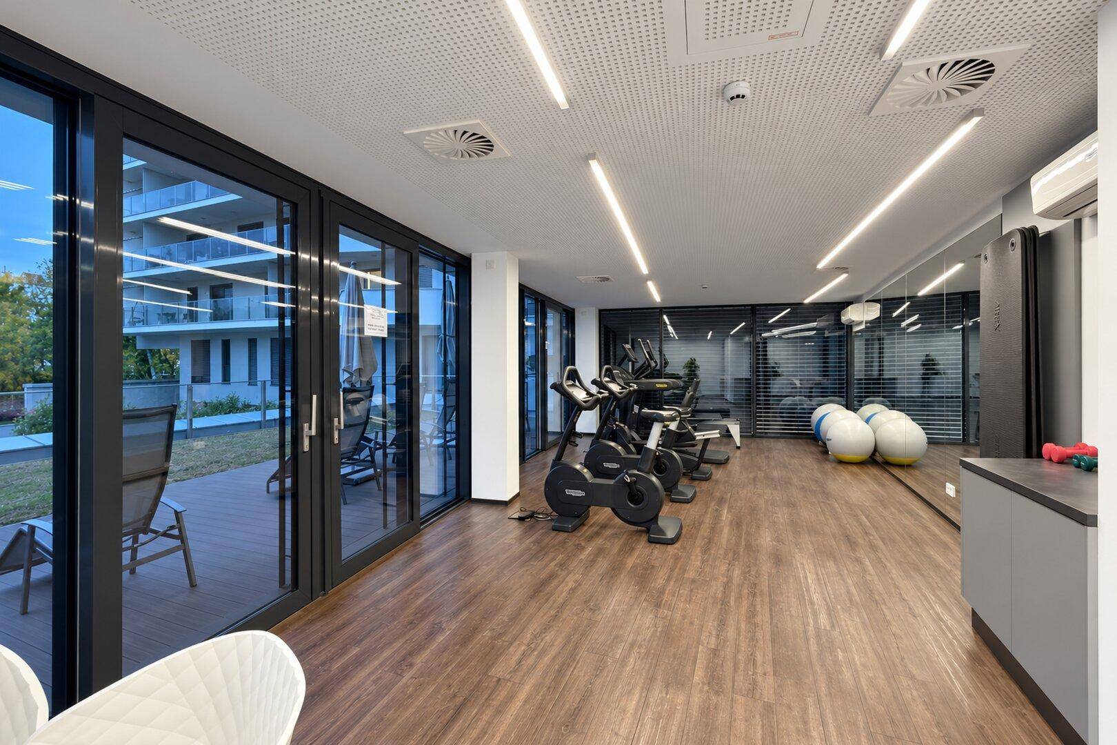 Moderner Fitnessraum mit Trainingsgeräten, großen Fenstern und Blick ins Grüne.