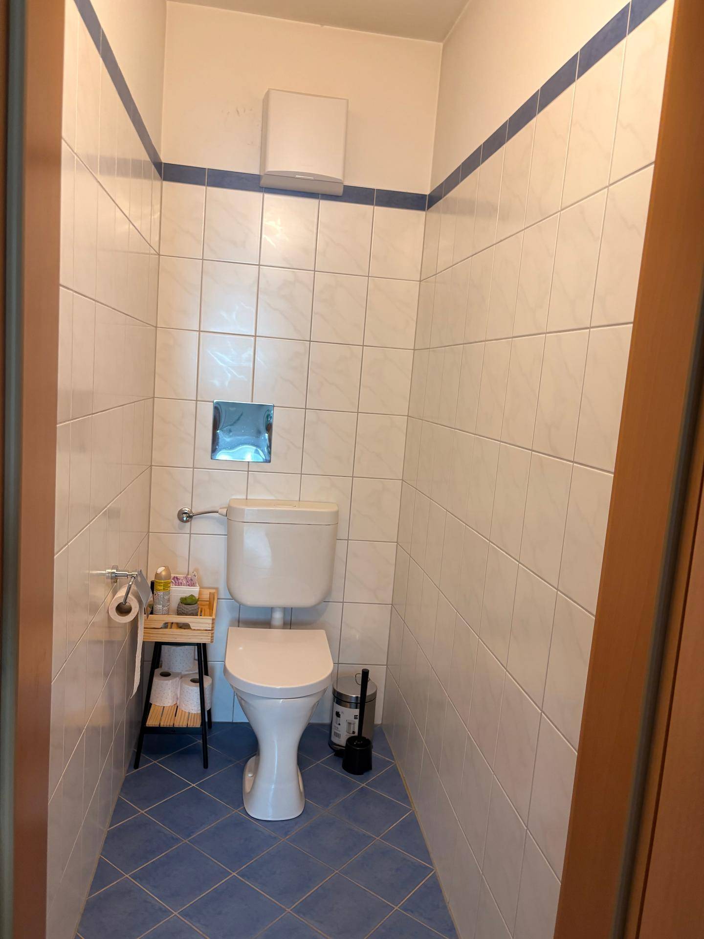 Separates WC mit weiß-blauen Fliesen und Standard-Toilette.