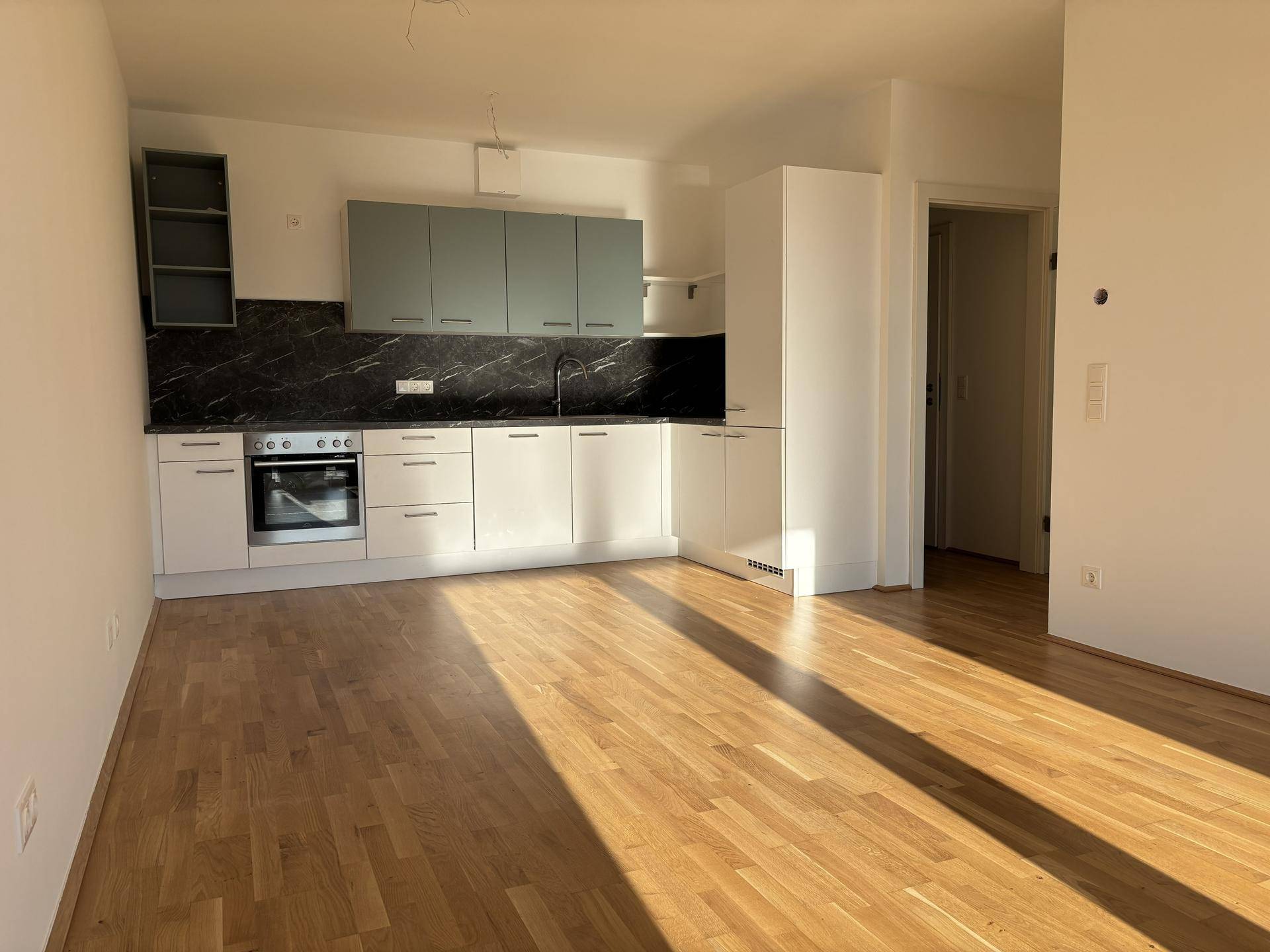 Moderne Einbauküche in hellem Raum mit Holzparkettboden und viel Tageslicht.
