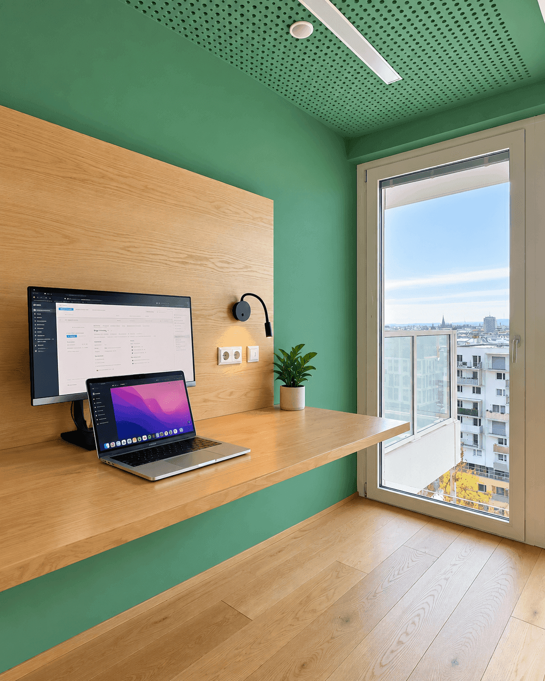 Modernes Heimbüro mit Schreibtisch, Computermonitoren und großem Fenster mit Stadtblick.