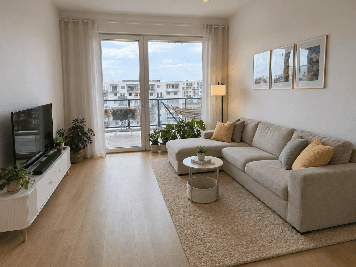 Gemütliches Wohnzimmer mit großem Sofa, Fernseher und Zugang zu einem Balkon.