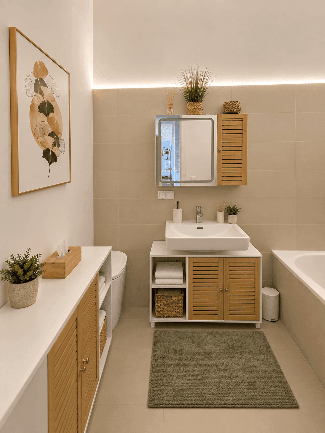 Modernes Badezimmer mit beigefarbenen Fliesen, Einzelwaschbecken und Badewanne.