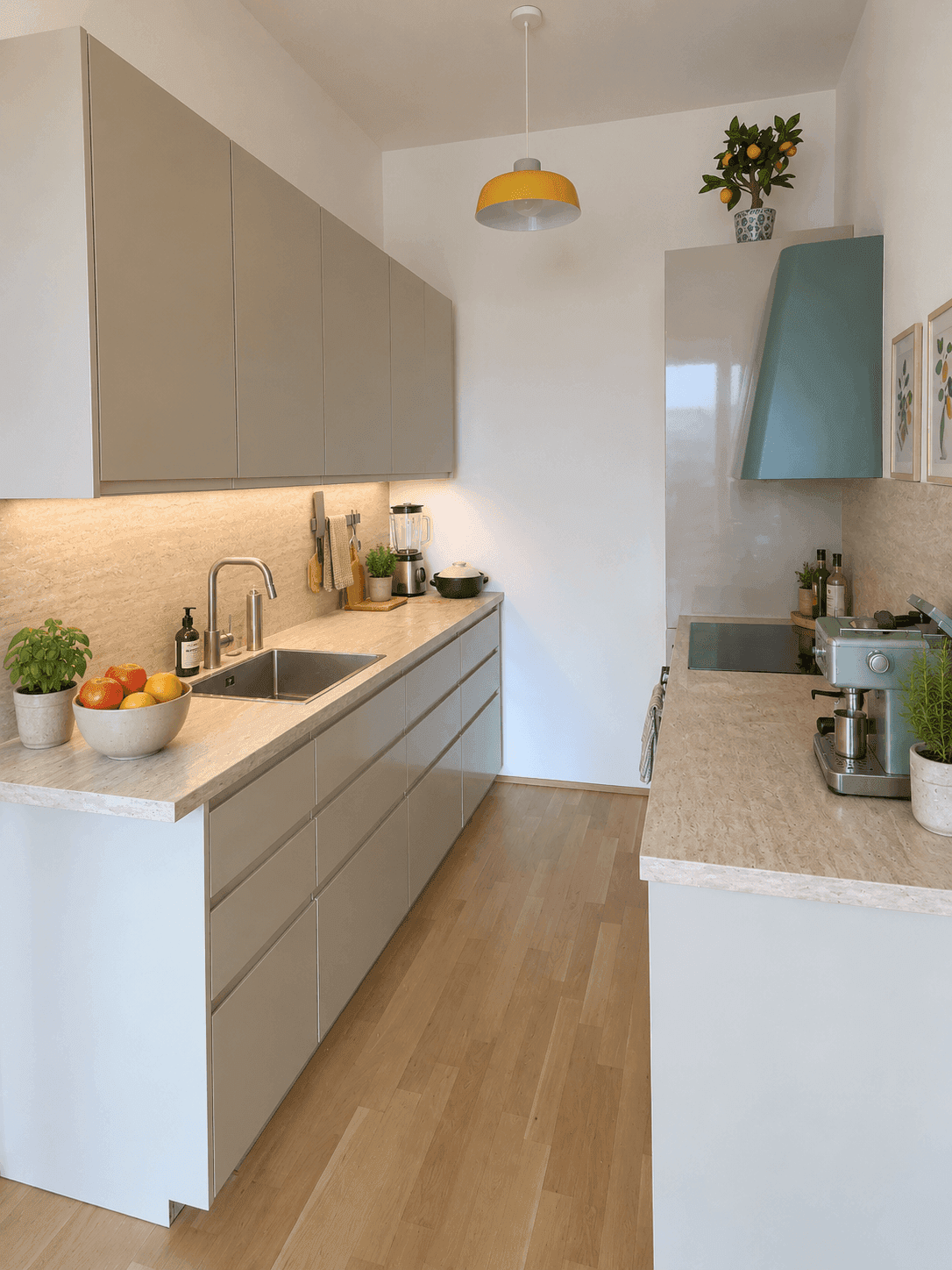 Moderne Küche mit hellgrauen Schränken, Induktionskochfeld und Kaffeemaschine.