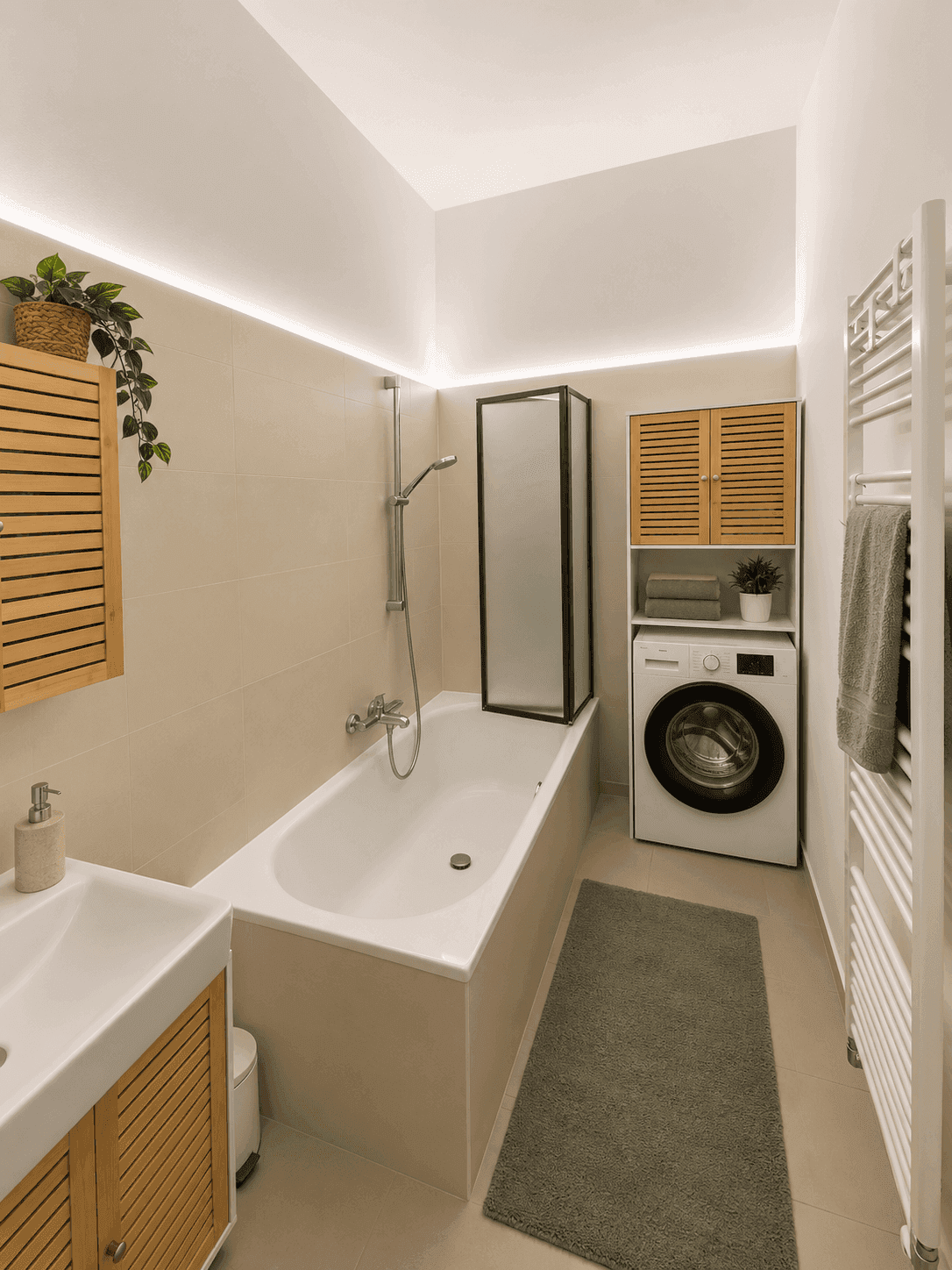 Badezimmer mit Badewanne, Duschfunktion, Waschmaschine und beheiztem Handtuchhalter.