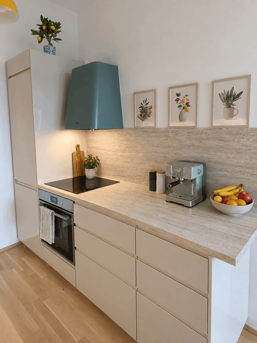 Detailansicht der modernen Küche mit Induktionskochfeld, Backofen und Kaffeemaschine.
