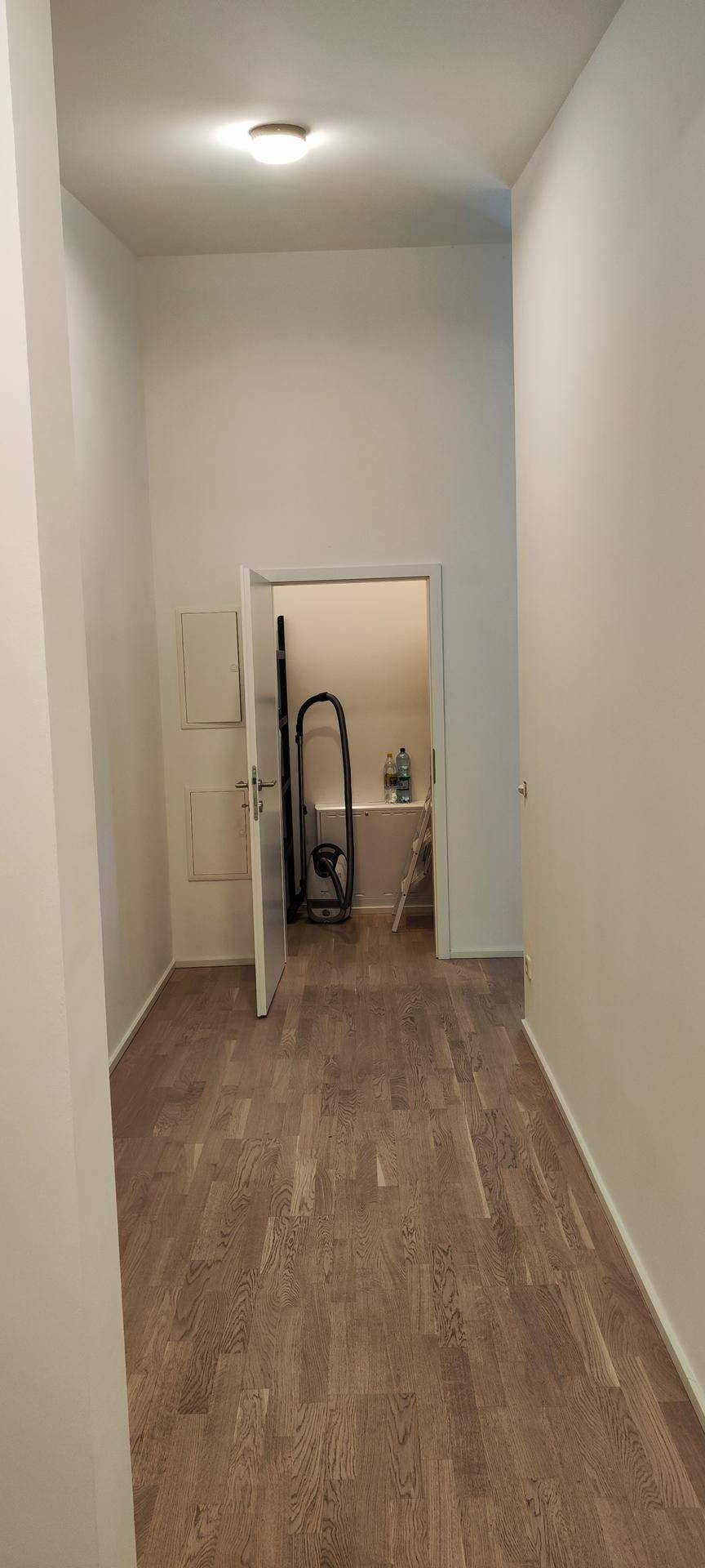 Heller Flur mit Holzboden und Zugang zu einem praktischen Abstellraum.